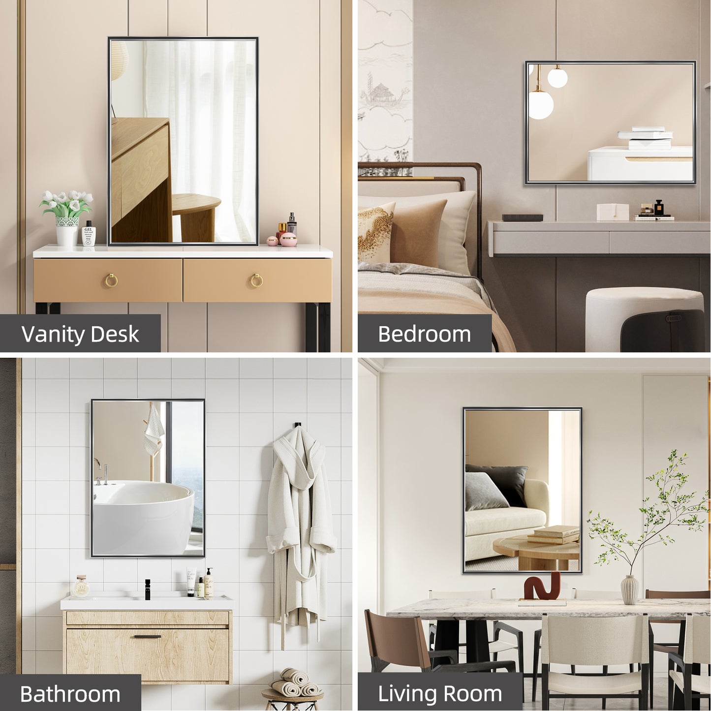 FUNTOUCH Bathroom Mirror for Wall Aluminum Alloy Metal Framed Rectangluar Bathroom Vanity Mirror for Bathroom Bedroom Living Room Hotel Entryway Rustproof Hangs Horizontally/Vertically