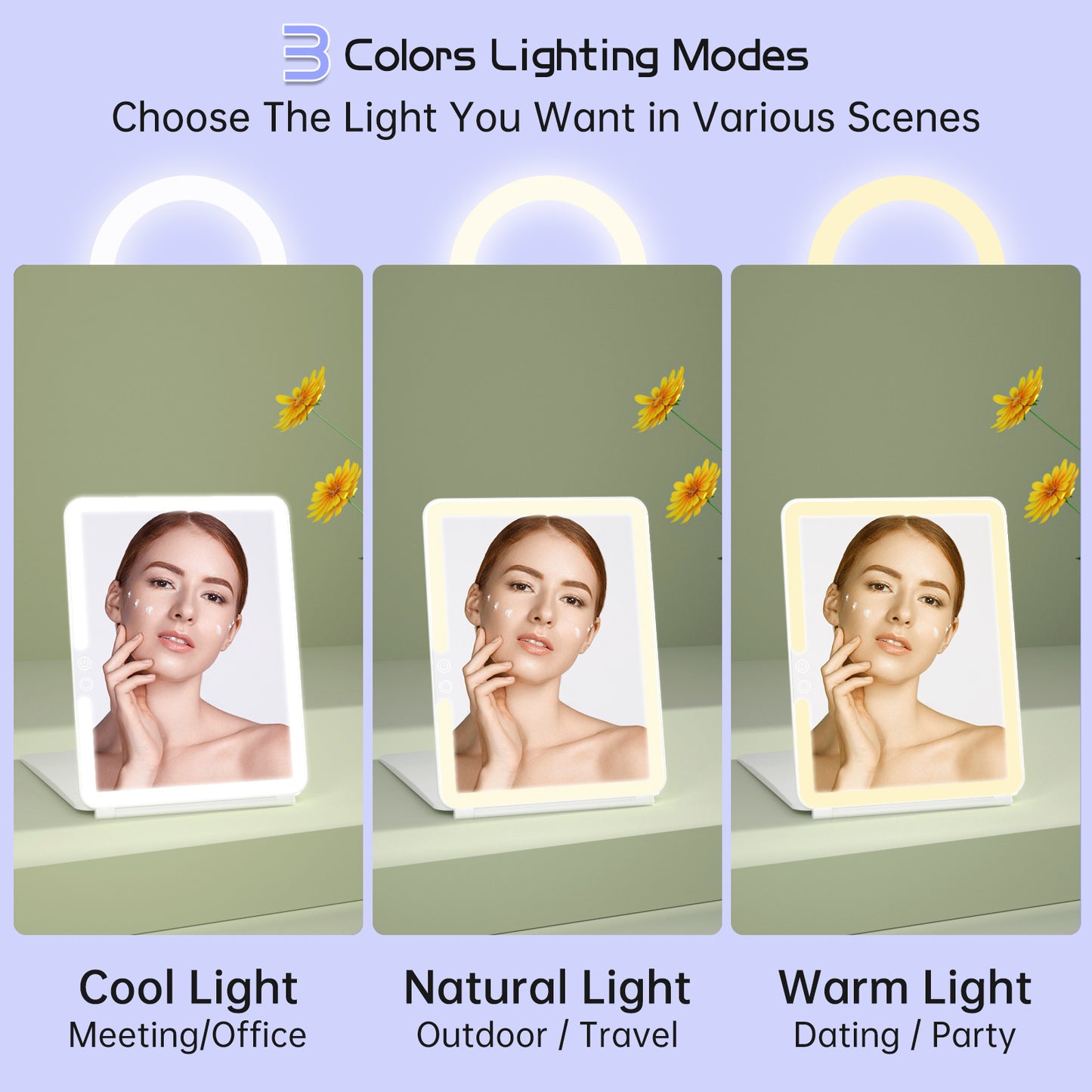 FUNTOUCH 10x7.5 Portable Large Travel Makeup Mirror with Light ,3 Color Lights, with 10X Magnification, White.