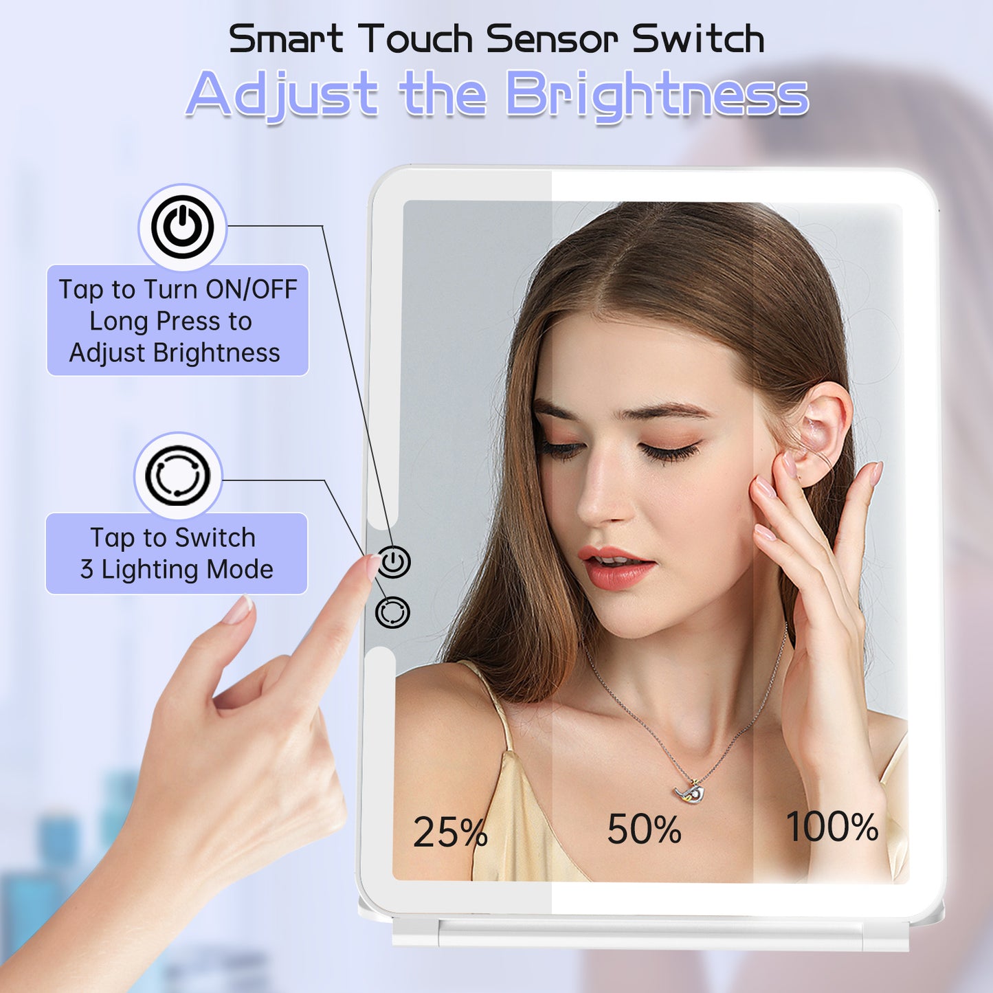 FUNTOUCH 10x7.5 Portable Large Travel Makeup Mirror with Light ,3 Color Lights, with 10X Magnification, White.