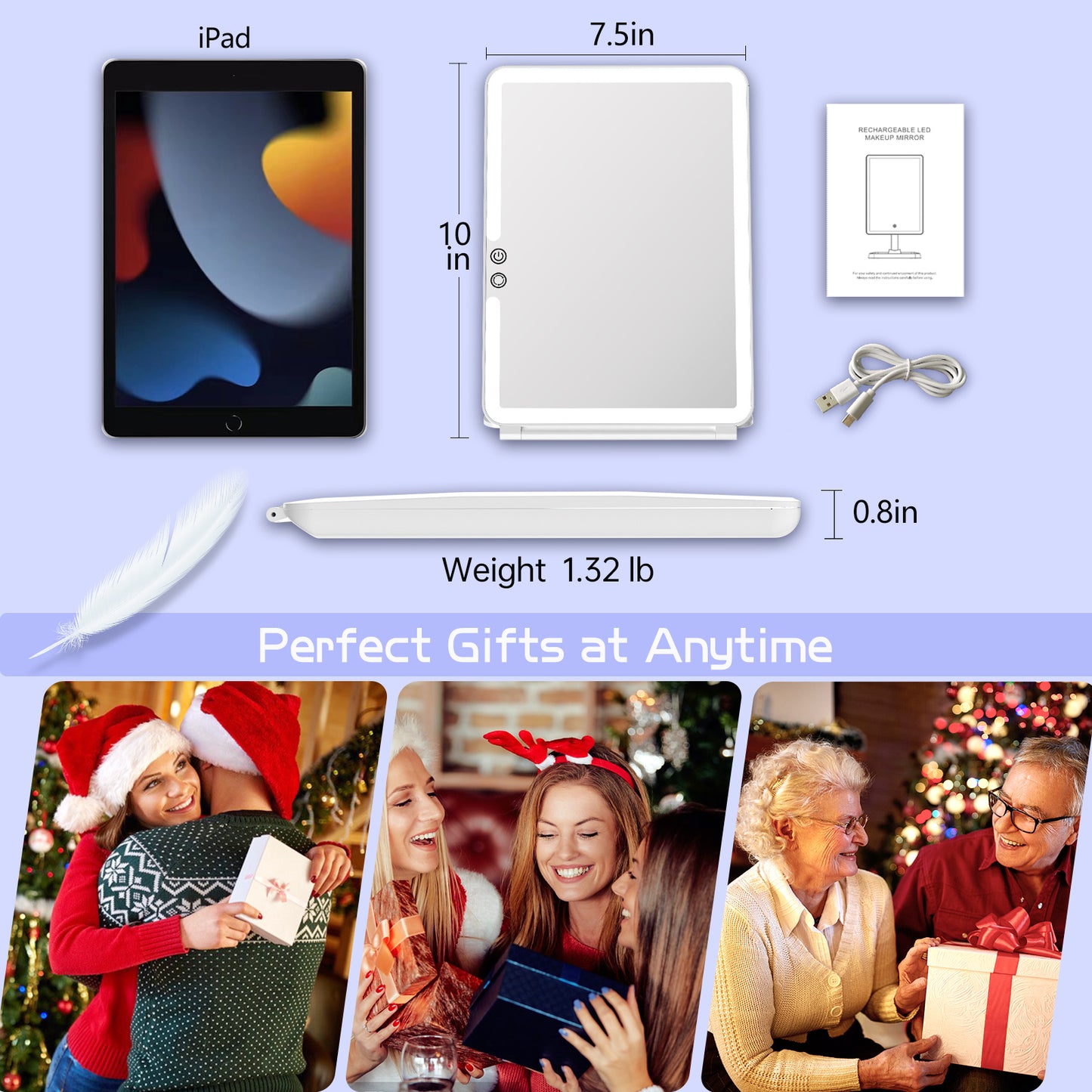 FUNTOUCH 10x7.5 Portable Large Travel Makeup Mirror with Light ,3 Color Lights, with 10X Magnification, White.