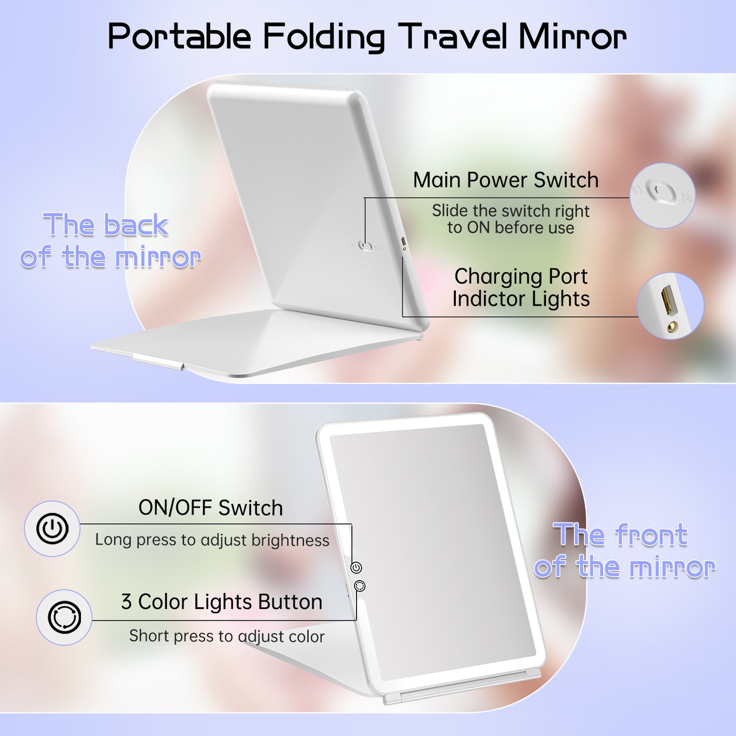 FUNTOUCH 10x7.5 Portable Large Travel Makeup Mirror with Light ,3 Color Lights, with 10X Magnification, White.