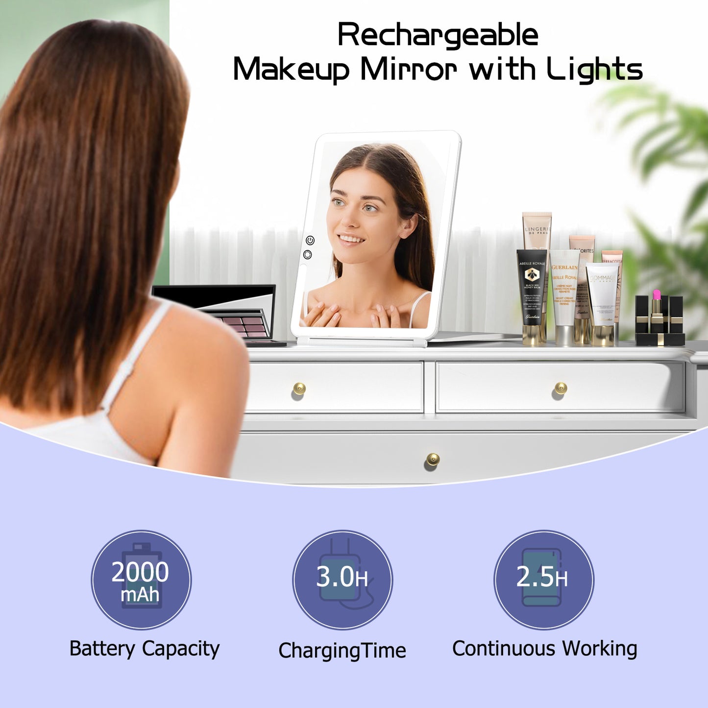 FUNTOUCH 10x7.5 Portable Large Travel Makeup Mirror with Light ,3 Color Lights, with 10X Magnification, White.