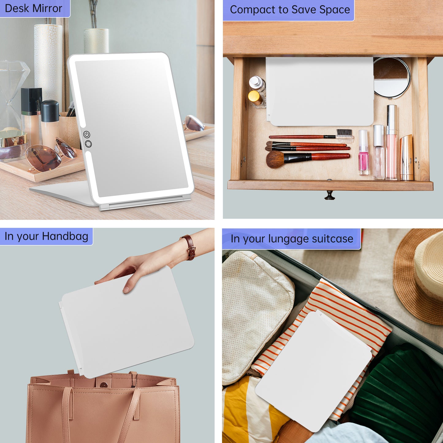 FUNTOUCH 10x7.5 Portable Large Travel Makeup Mirror with Light ,3 Color Lights, with 10X Magnification, White.
