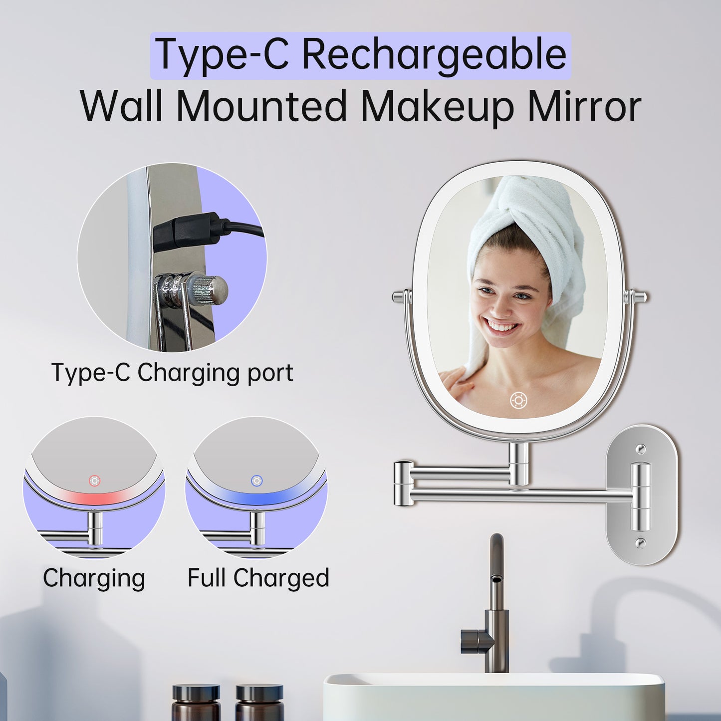 Rechargeable Lighted Wall Mounted Makeup Mirror, 1X/7X Double Sided Magnifying Mirror, 3 Dimmable Lights Option, Folding Extension Arm, Oval Wall Mounted Mirror for Bathroom