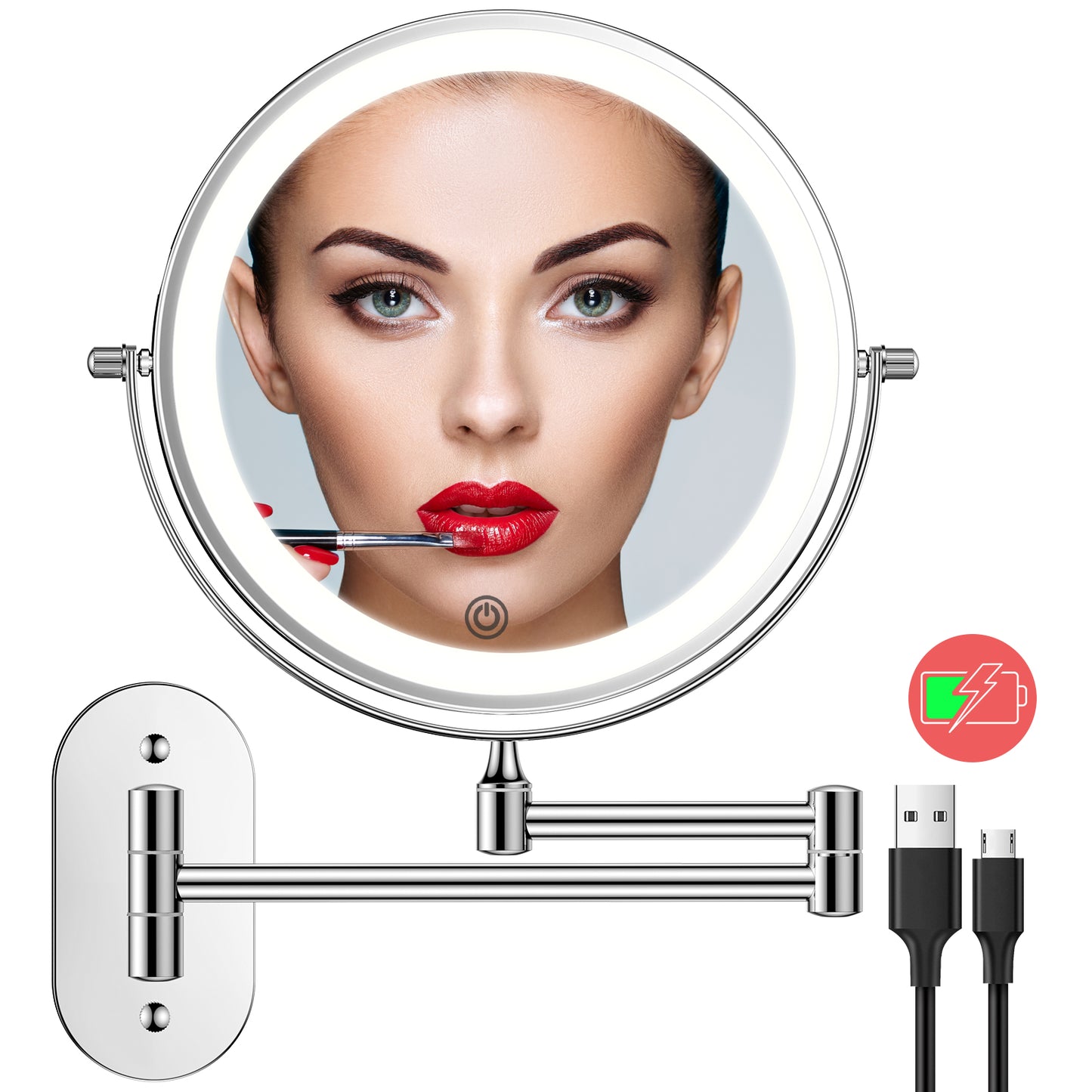 Funtouch 307 Round Stainless Steel Wall-Mounted Makeup Mirror w/ 1X/10X Magnification, Silver