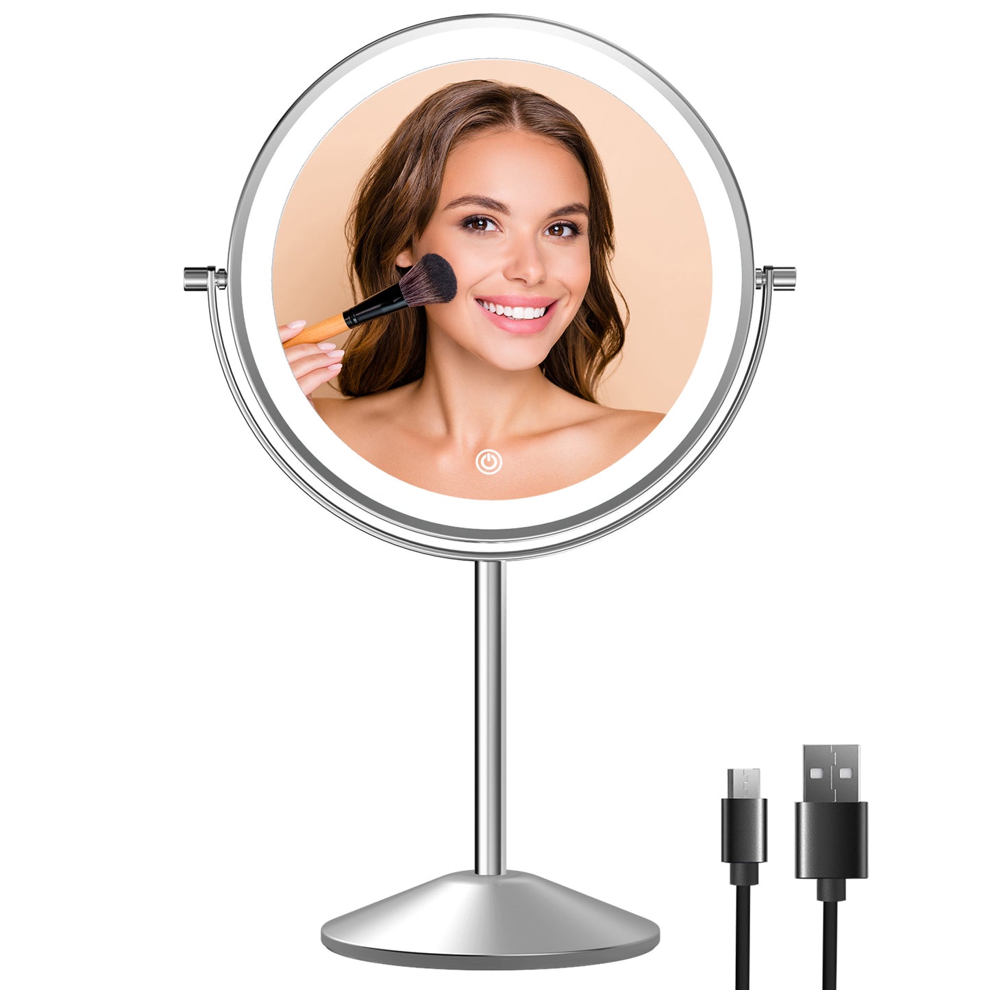 Funtouch Double-Sided Lighted Chrome Makeup Mirror, 10x Magnification, Adjustable Swivel Vanity Mirror