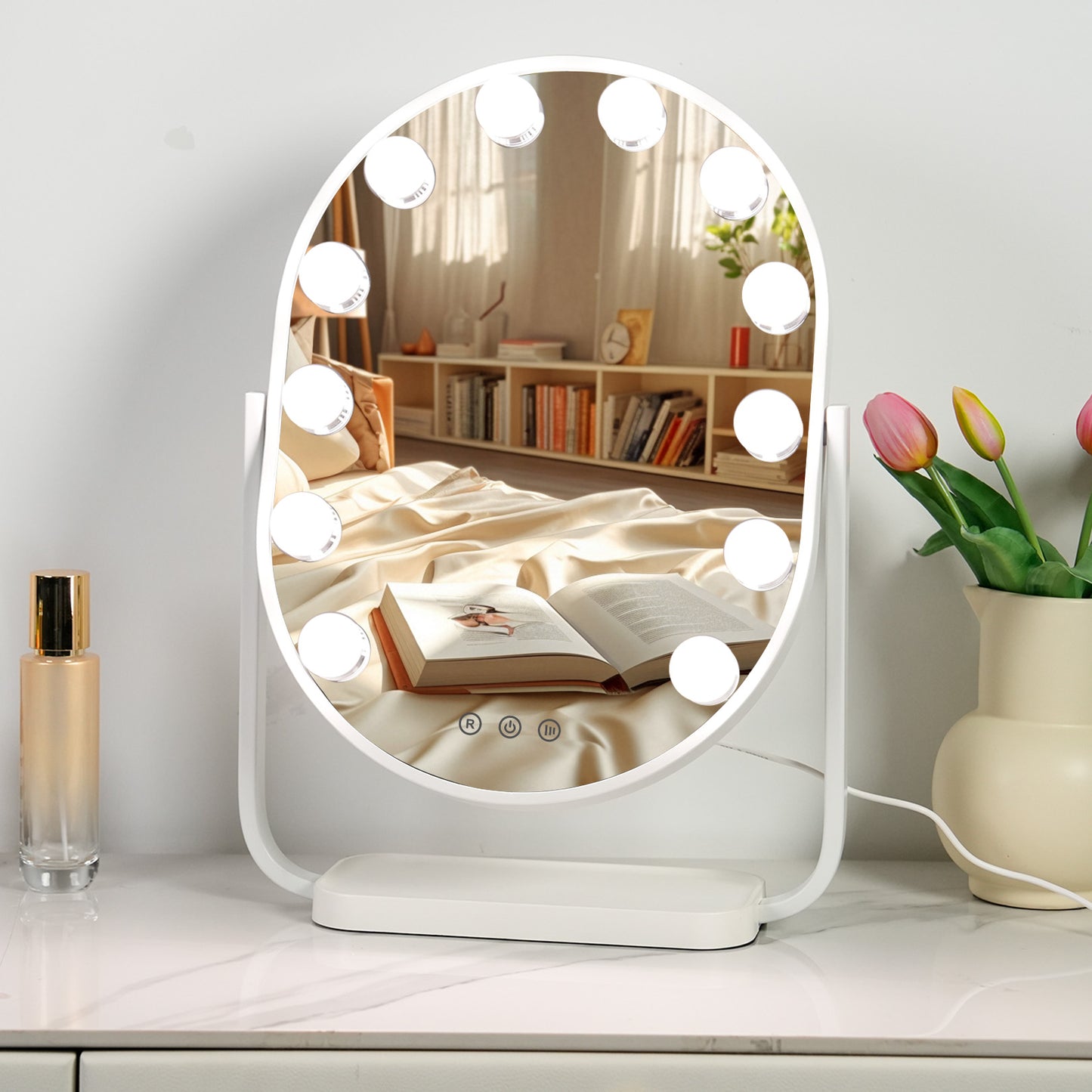 FUNTOUCH Hollywood Vanity Makeup Mirror with 12 Bulbs & 3 Colors Lighting, 16.14"x11.81" Tabletop Mirror, Smart Touch Control & 360° Rotatio