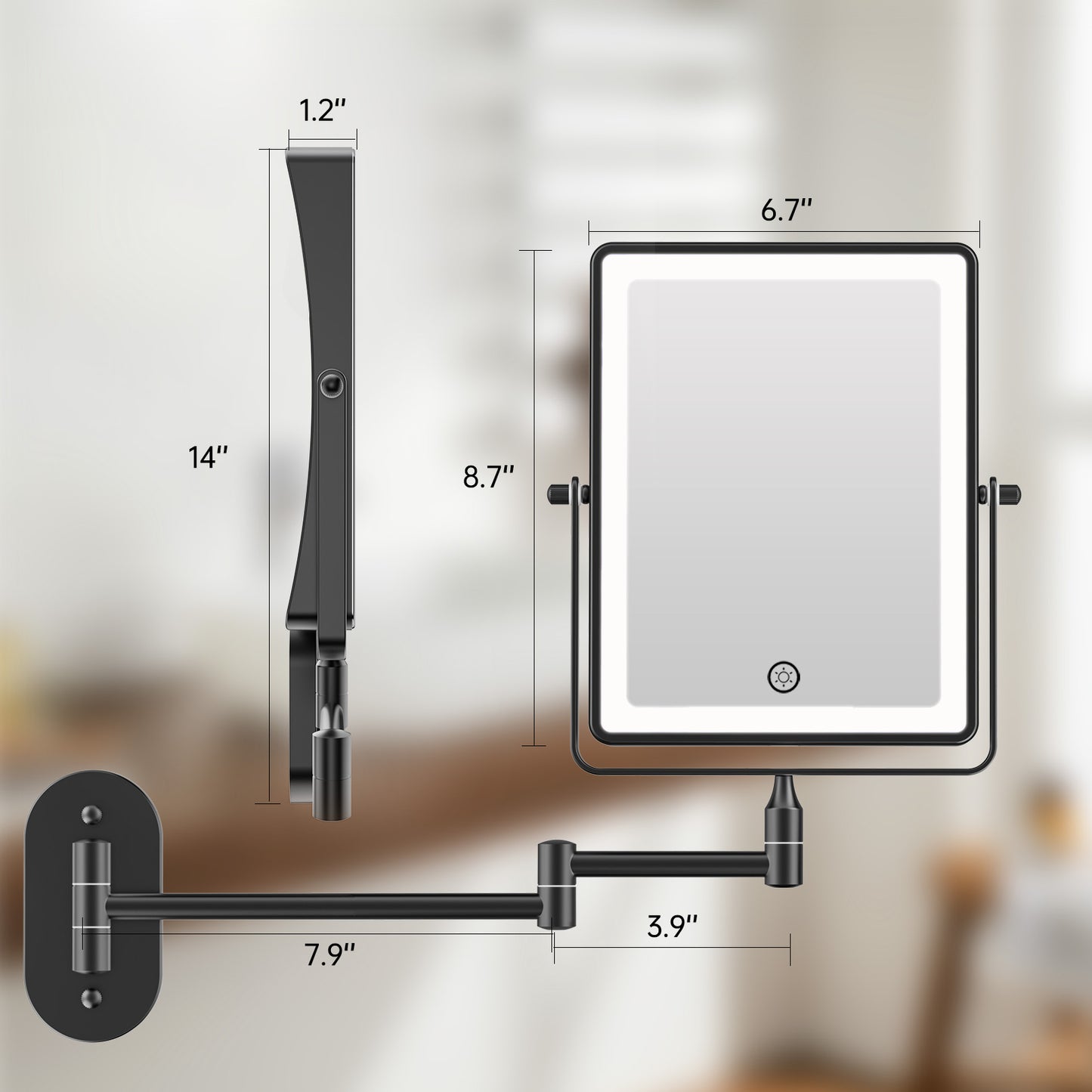 Funtouch 8.7Inch Wall lighted Mounted Makeup Mirror with Extended Arm, 360° Swivel Foldable, 3 Color Settings, Double Sided 1X 10X Magnifying, Black