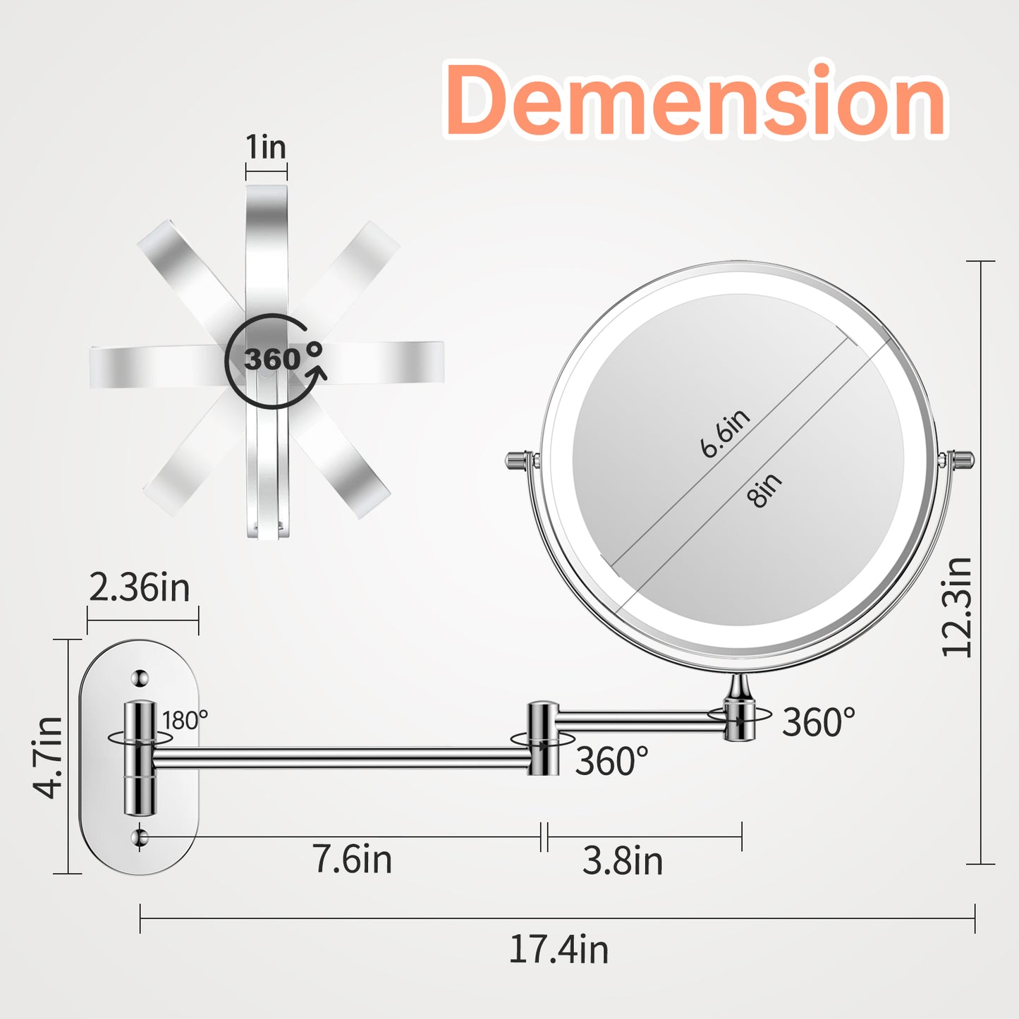 Funtouch 307 Round Stainless Steel Wall-Mounted Makeup Mirror w/ 1X/10X Magnification, Silver