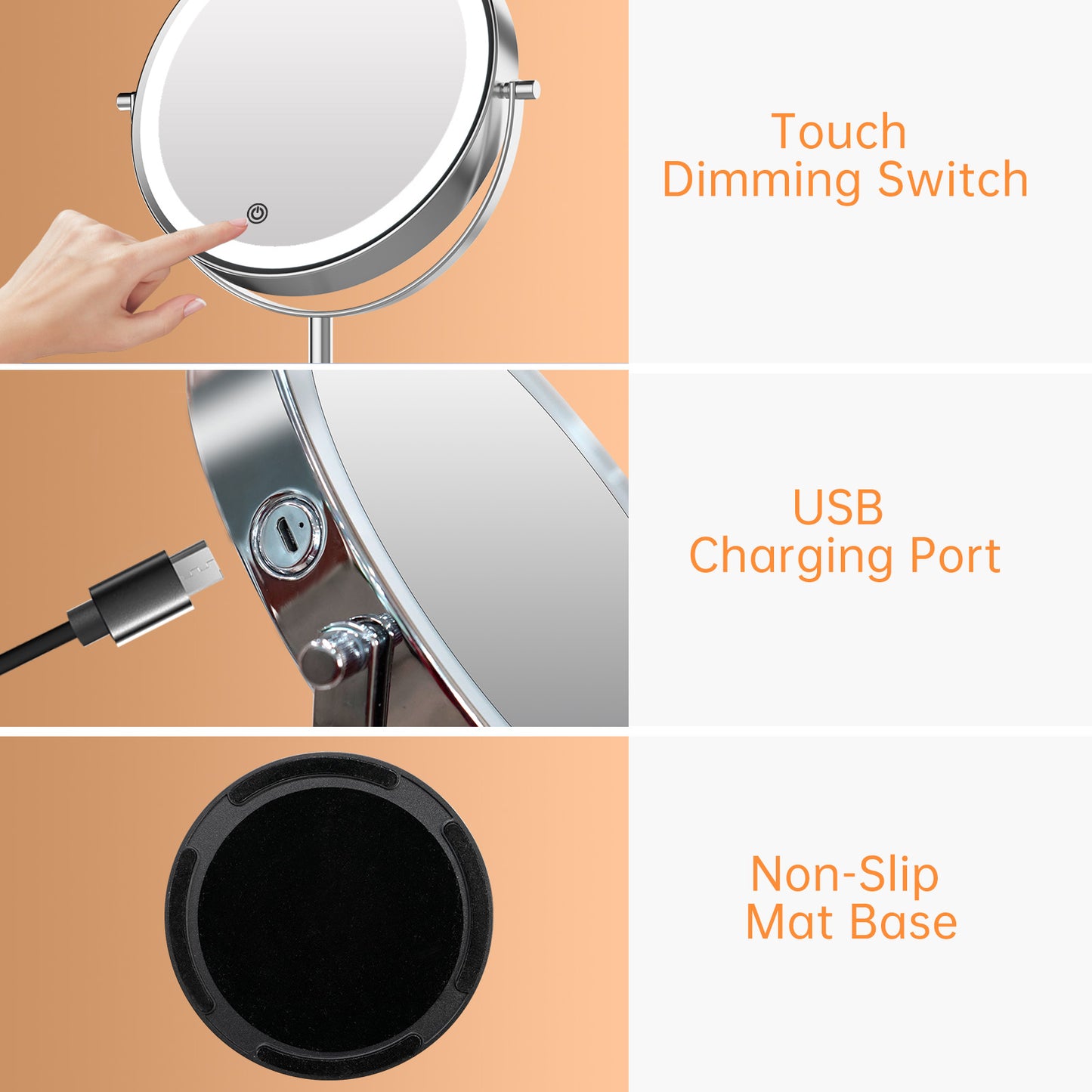 Funtouch Double-Sided Lighted Chrome Makeup Mirror, 10x Magnification, Adjustable Swivel Vanity Mirror