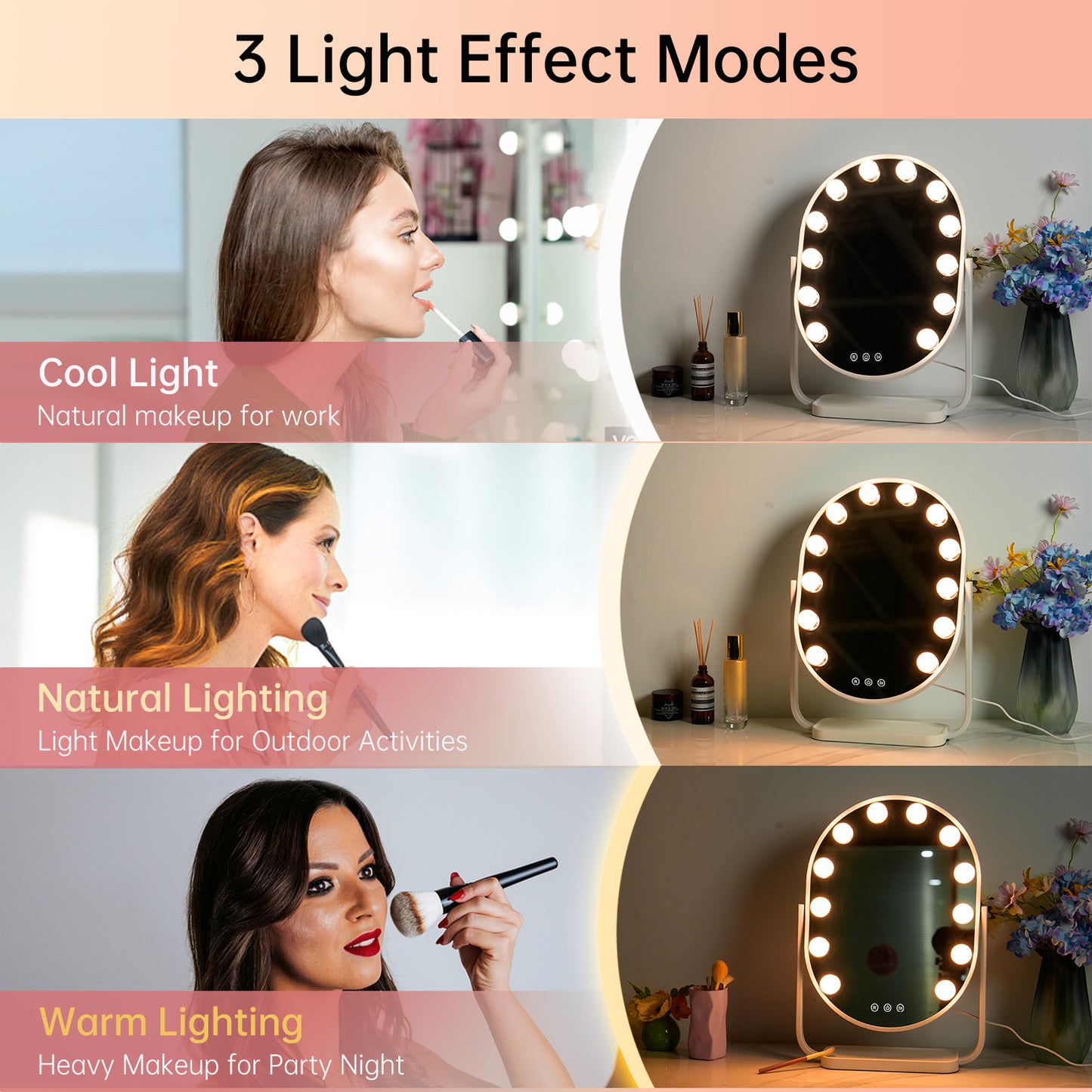 FUNTOUCH Hollywood Vanity Makeup Mirror with 12 Bulbs & 3 Colors Lighting, 16.14"x11.81" Tabletop Mirror, Smart Touch Control & 360° Rotatio