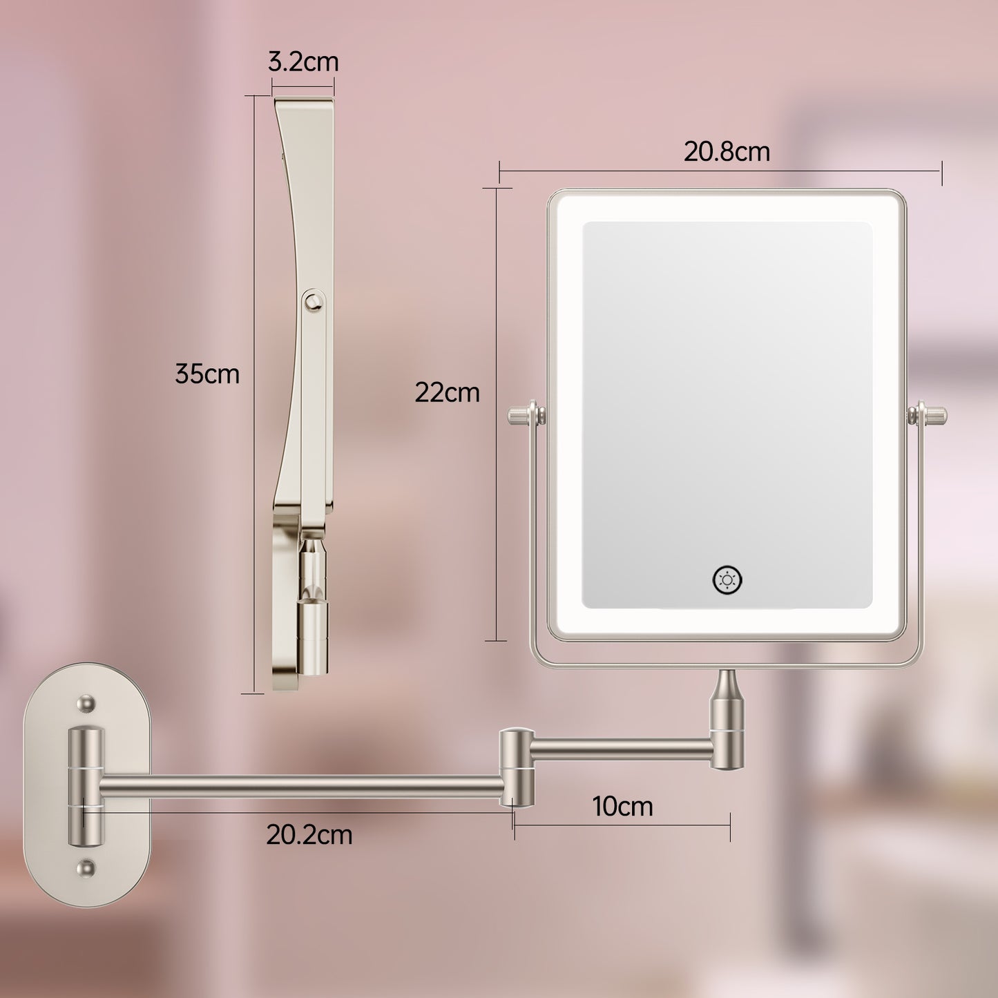 Funtouch Rechargeable Wall Mounted Lighted Makeup Mirror, 1X/10X Magnifying Mirror with 3 Color Lights, 360° Swivel,BronzeNickel