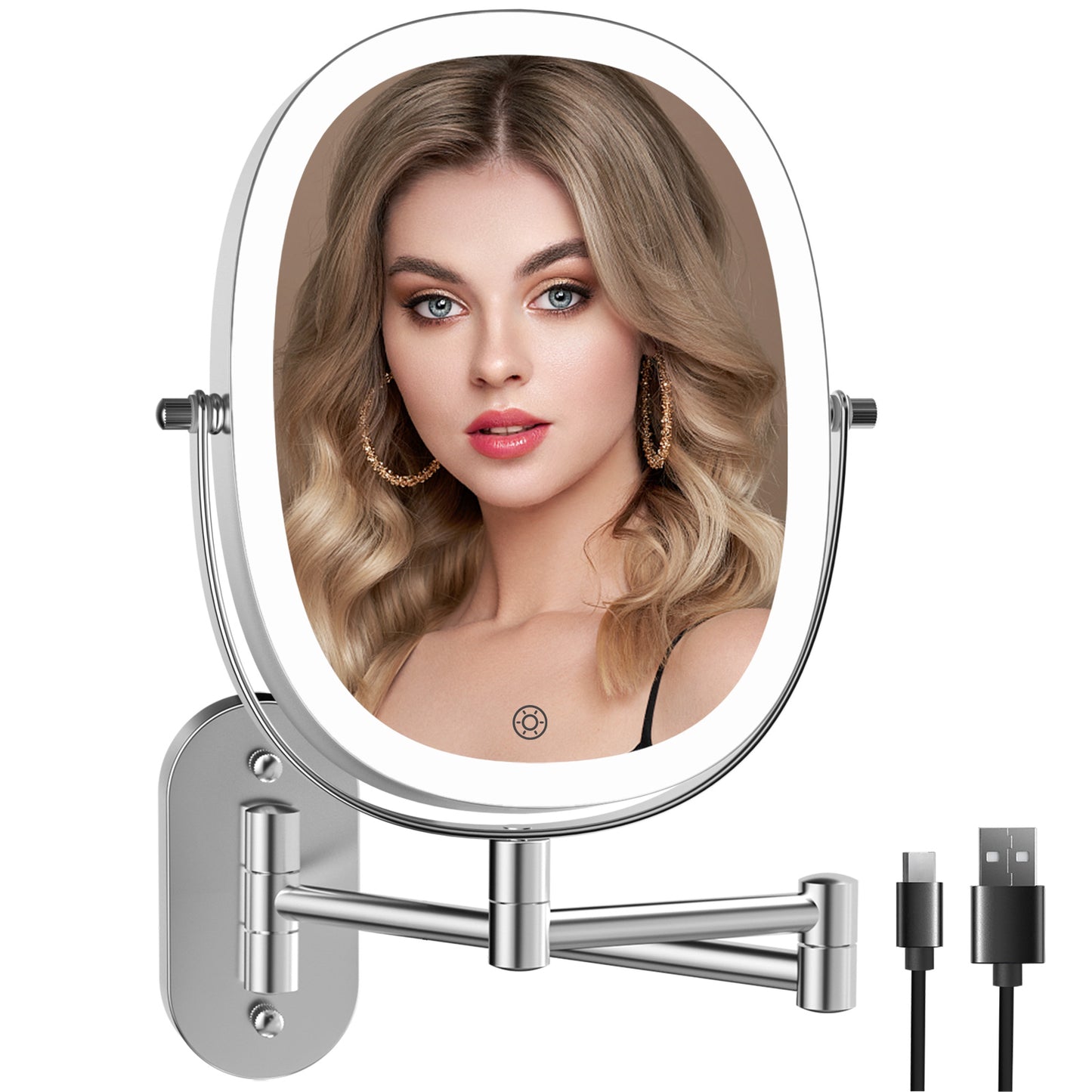 Rechargeable Lighted Wall Mounted Makeup Mirror, 1X/7X Double Sided Magnifying Mirror, 3 Dimmable Lights Option, Folding Extension Arm, Oval Wall Mounted Mirror for Bathroom
