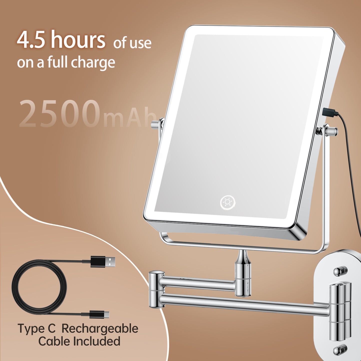 Funtouch Extendable Adjustable Rechargeable Magnifying Makeup Mirror, 360° Rotation, 3 Color Vanity Mirror with Lights, Chrome