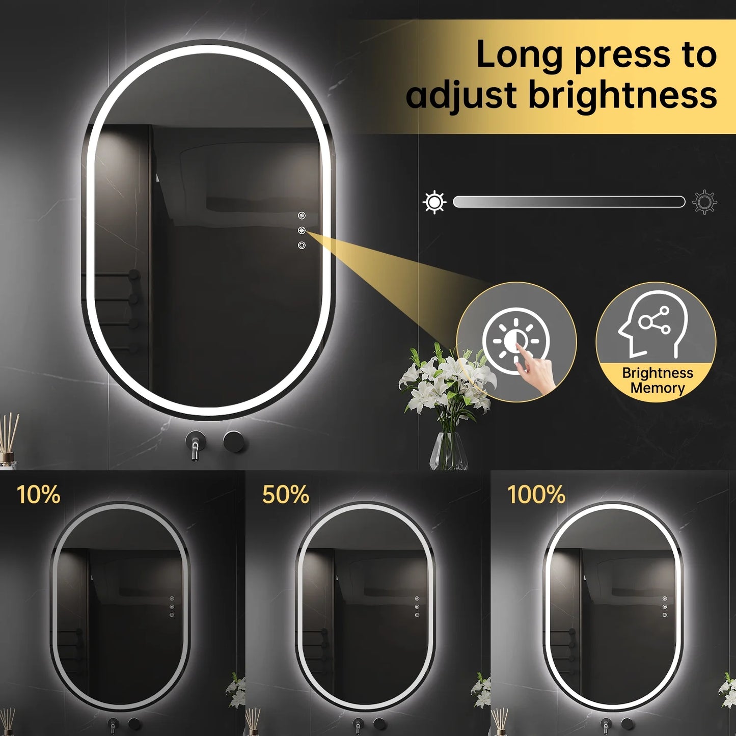 Funtouch Oval LED Bathroom Mirror with Lights, Anti Fog LED Bathroom Mirror,Dimmable, Front and Backlit, 3 Colors, Memory, Shatterproof