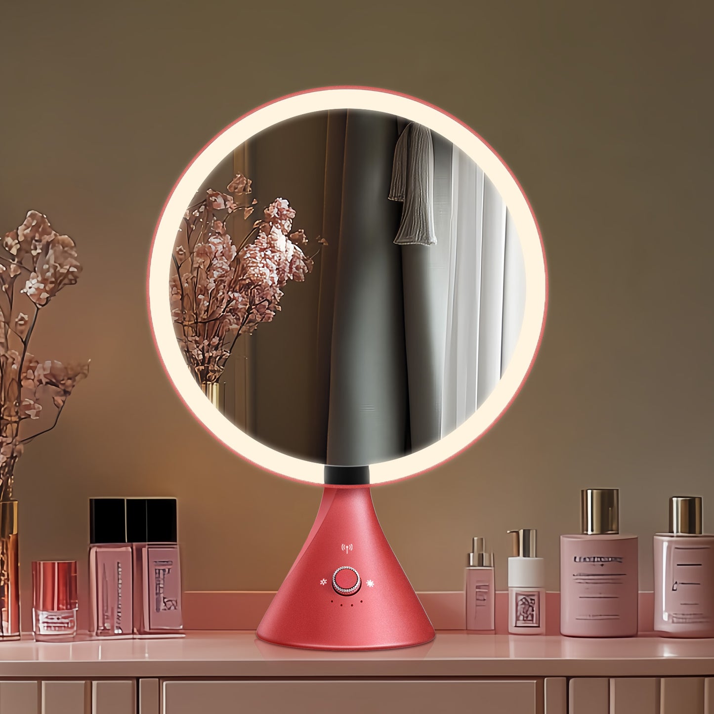 9" Round Sensor Freestanding Makeup Mirror with Lighted, x1 Magnification, Adjustable Knob, Memory Function, Red