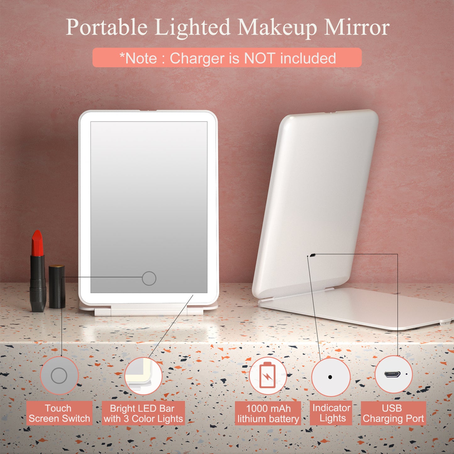 FUNTOUCH Portable LED Lighted Makeup Mirror, Dimmable Touch Control, Foldable Travel Vanity Mirror