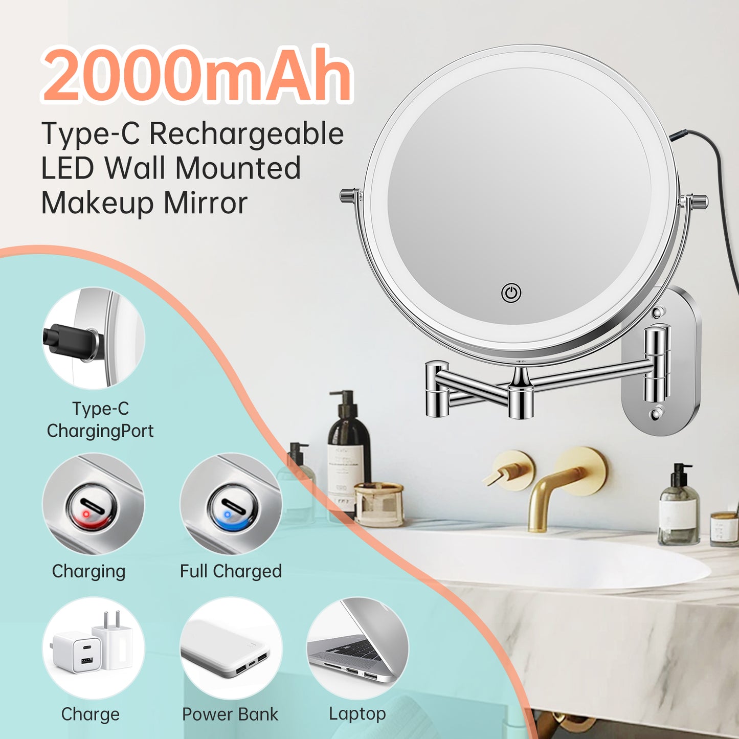 Funtouch 307 Round Stainless Steel Wall-Mounted Makeup Mirror w/ 1X/10X Magnification, Silver