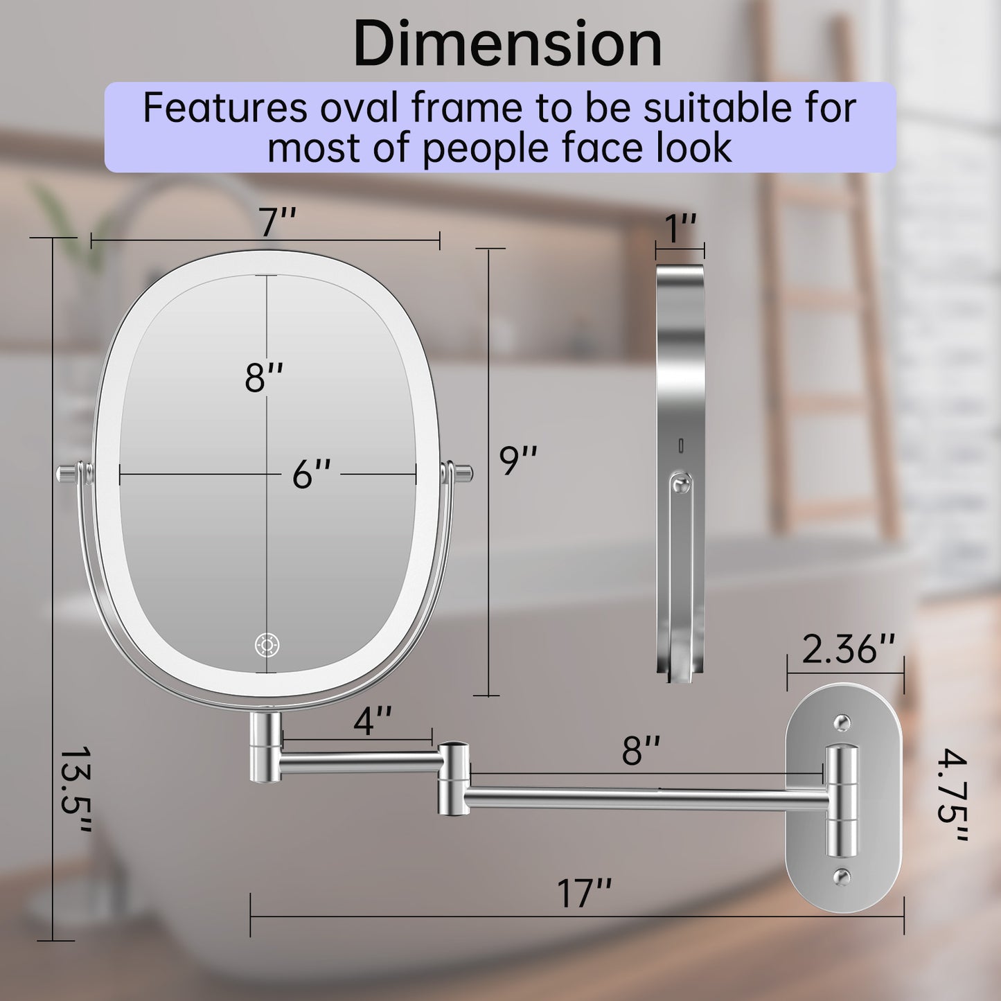 Rechargeable Lighted Wall Mounted Makeup Mirror, 1X/7X Double Sided Magnifying Mirror, 3 Dimmable Lights Option, Folding Extension Arm, Oval Wall Mounted Mirror for Bathroom
