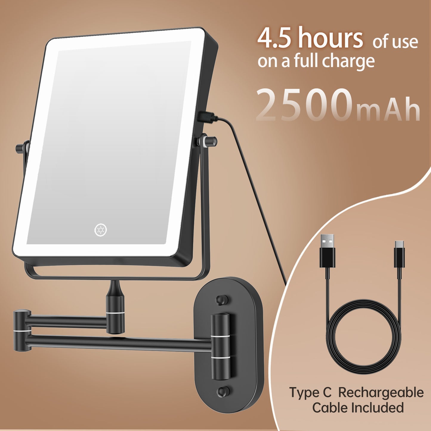 Funtouch 8.7Inch Wall lighted Mounted Makeup Mirror with Extended Arm, 360° Swivel Foldable, 3 Color Settings, Double Sided 1X 10X Magnifying, Black