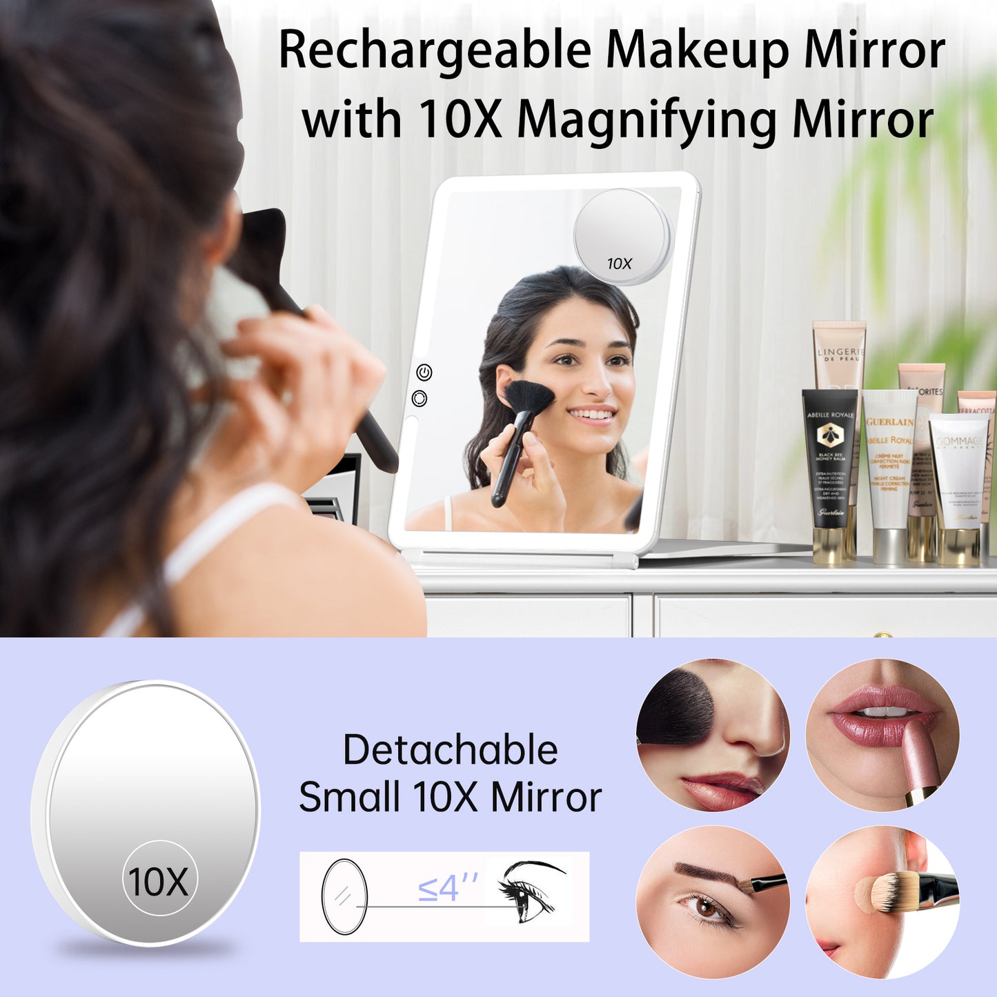 FUNTOUCH 10x7.5 Portable Large Travel Makeup Mirror with Light ,3 Color Lights, with 10X Magnification, White.