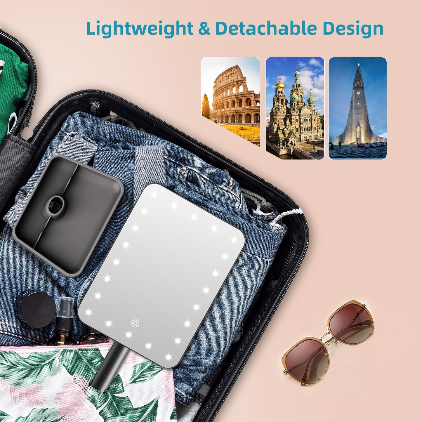 Funtouch 9" x 6.5" Makeup Mirror with 1X / 10X Magnification, Dimming Touch Sensor, Portable Travel, Black