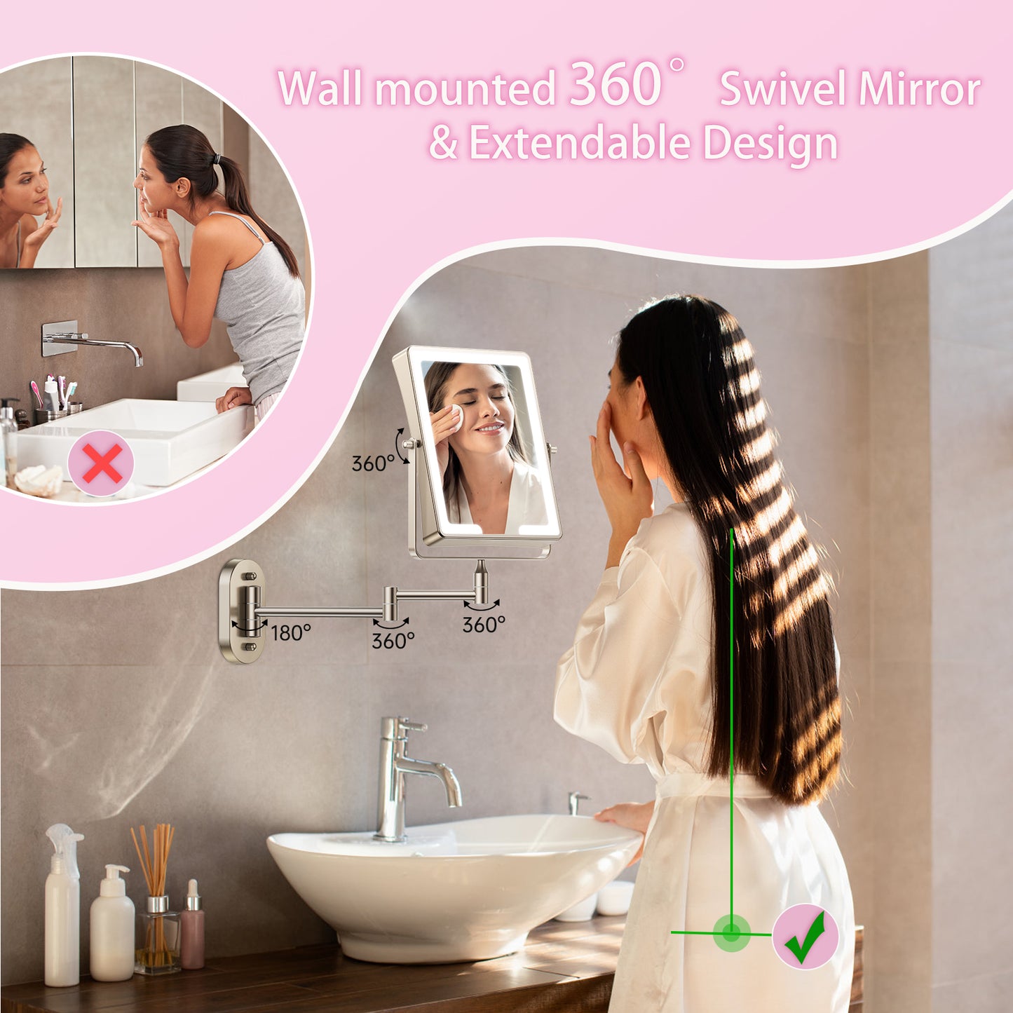 Funtouch Rechargeable Wall Mounted Lighted Makeup Mirror, 1X/10X Magnifying Mirror with 3 Color Lights, 360° Swivel,BronzeNickel