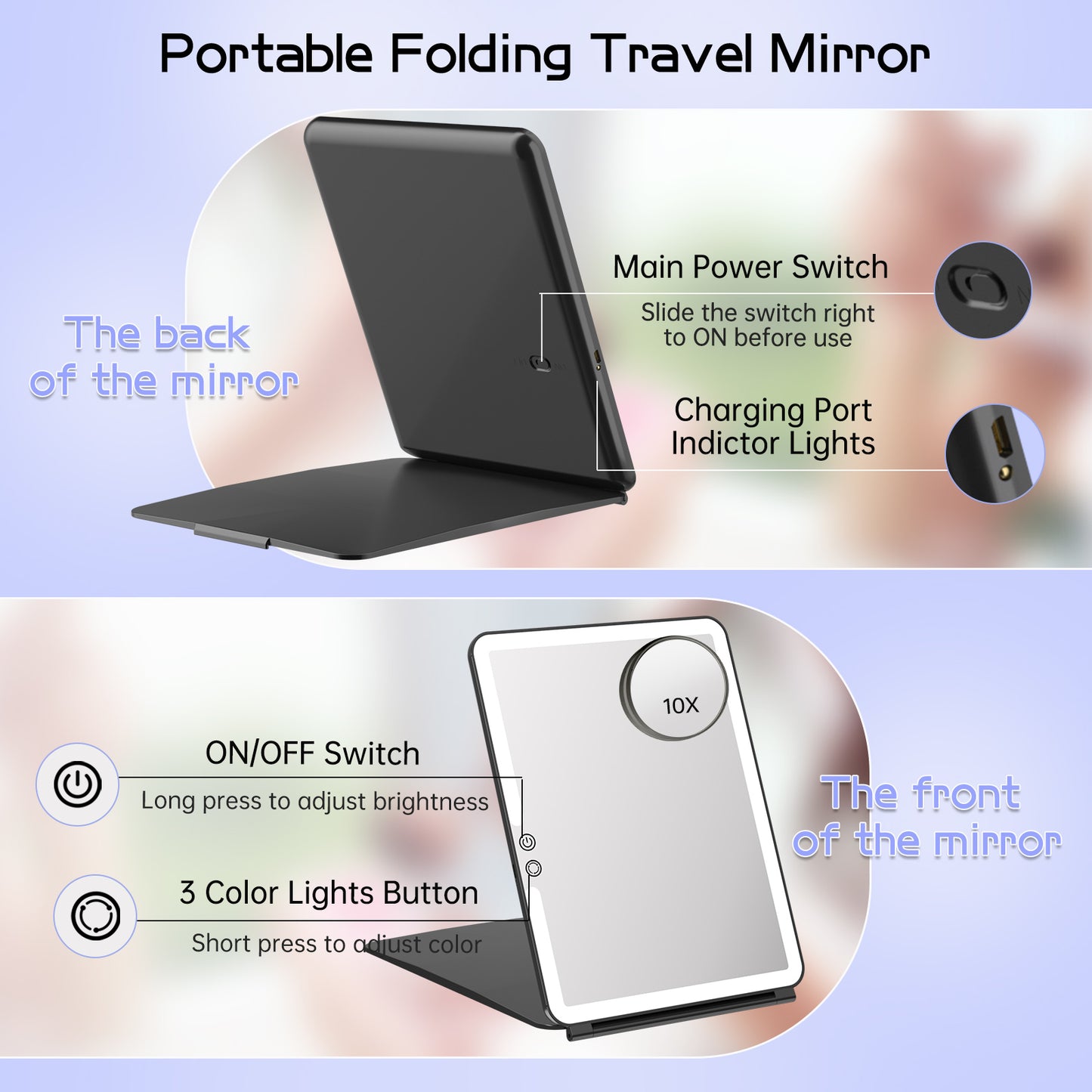 FUNTOUCH 10x7.5 Portable Large Travel Makeup Mirror with Light ,3 Color Lights, with 10X Magnification, Black.