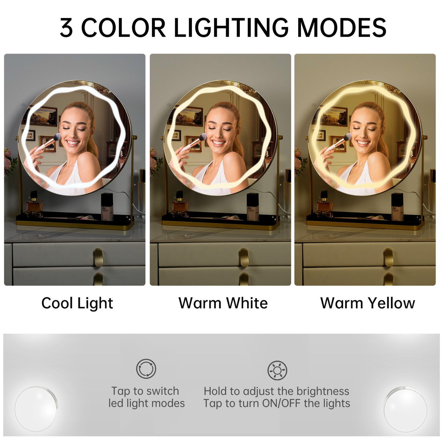 Funtouch 16" Diameter Round Makeup Mirror with Lighted Table Mount, Tabletop Makeup Mirror with Storage,Gold
