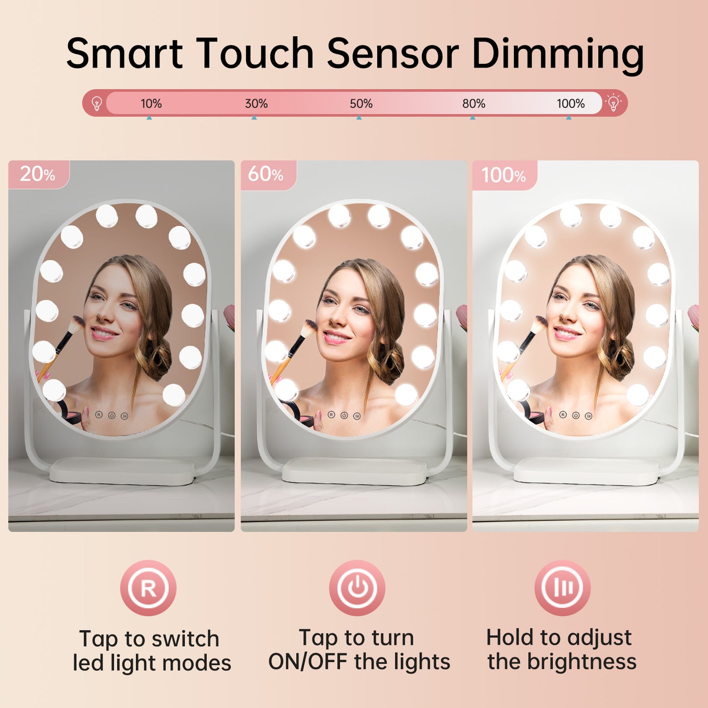 FUNTOUCH Hollywood Vanity Makeup Mirror with 12 Bulbs & 3 Colors Lighting, 16.14"x11.81" Tabletop Mirror, Smart Touch Control & 360° Rotatio