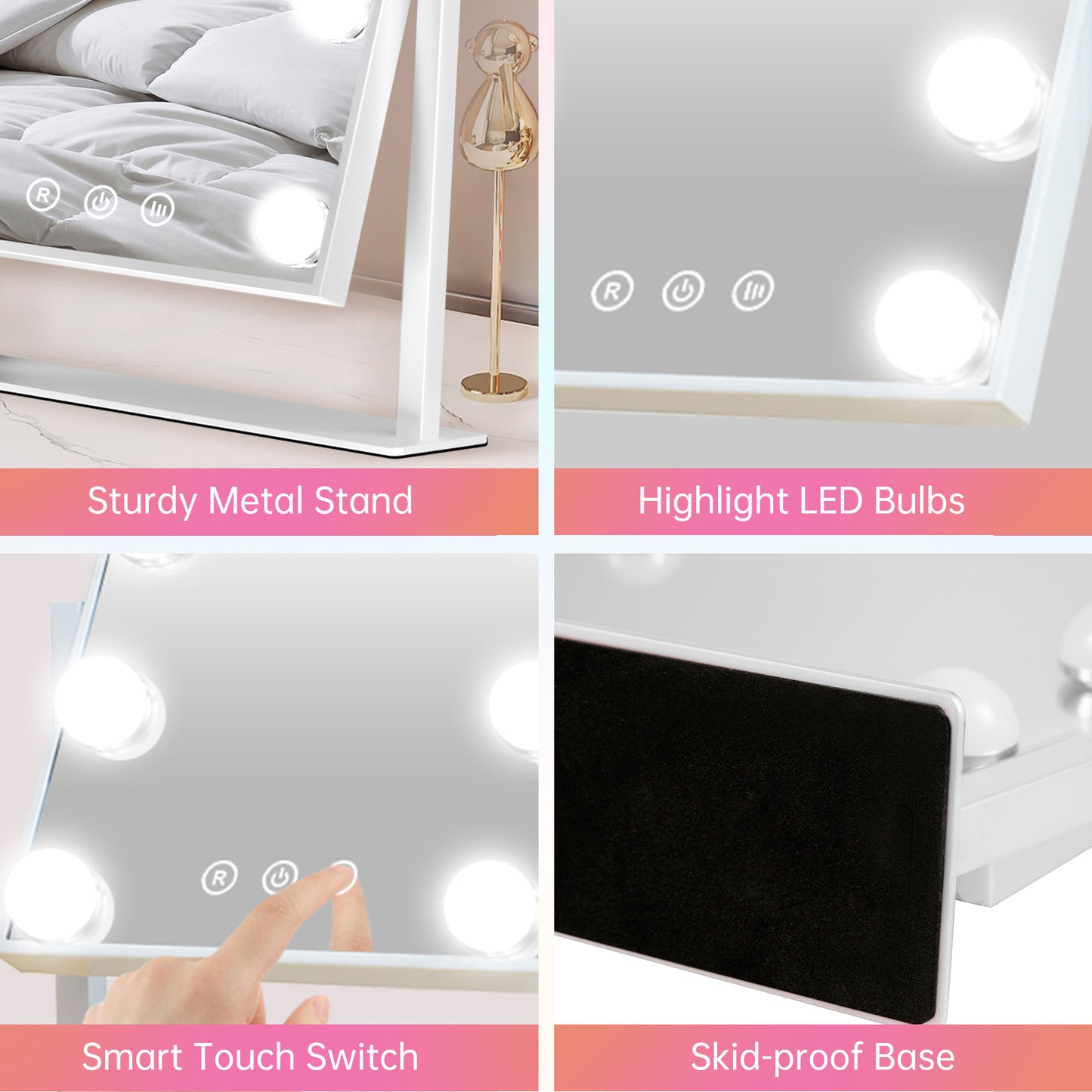 Funtouch DP331 Square Alloy Steel Tabletop White Makeup Mirror with Charging