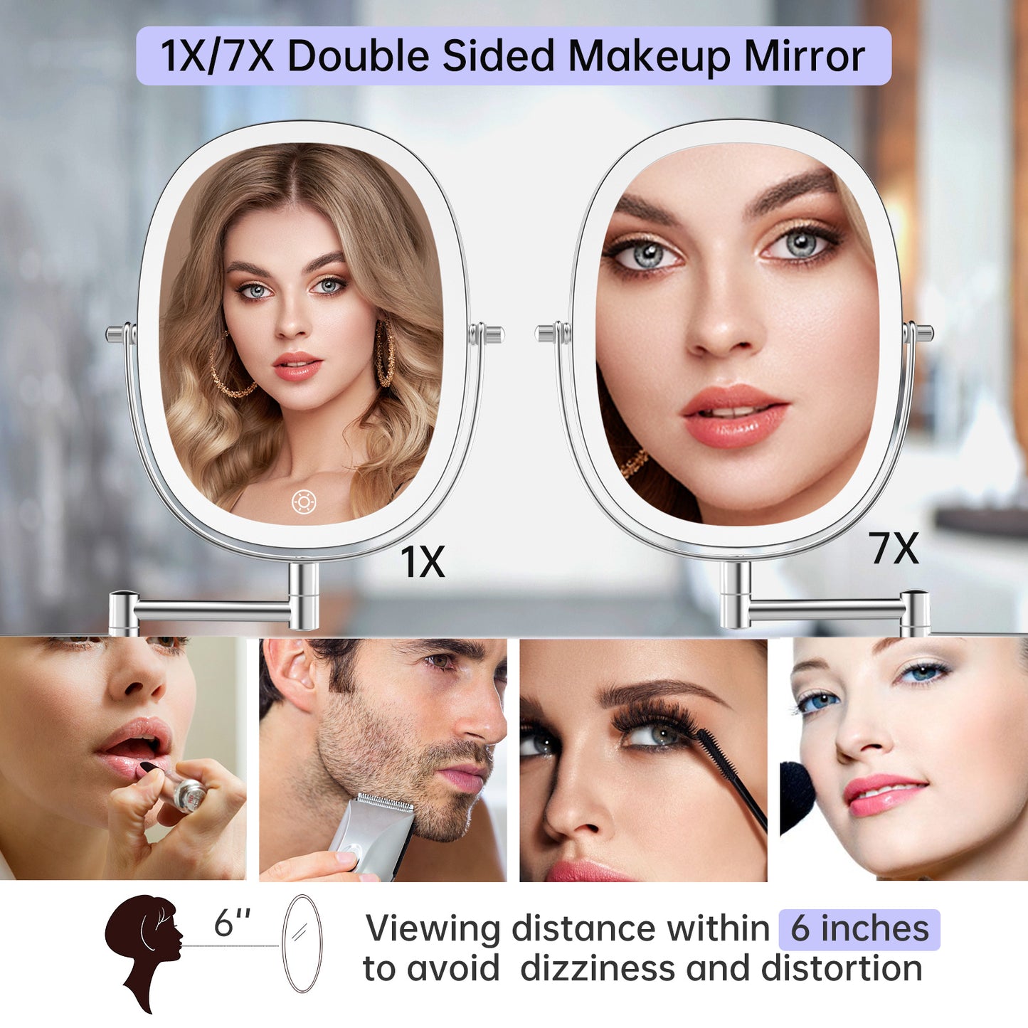 Rechargeable Lighted Wall Mounted Makeup Mirror, 1X/7X Double Sided Magnifying Mirror, 3 Dimmable Lights Option, Folding Extension Arm, Oval Wall Mounted Mirror for Bathroom
