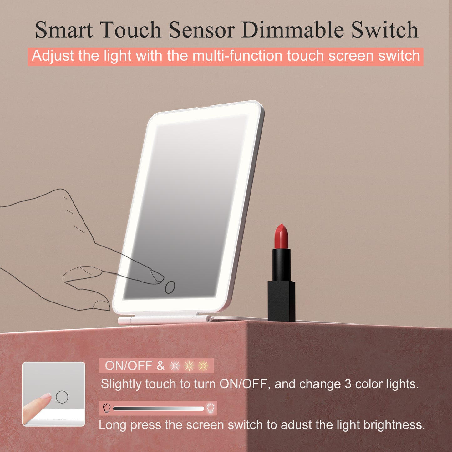 FUNTOUCH Portable LED Lighted Makeup Mirror, Dimmable Touch Control, Foldable Travel Vanity Mirror