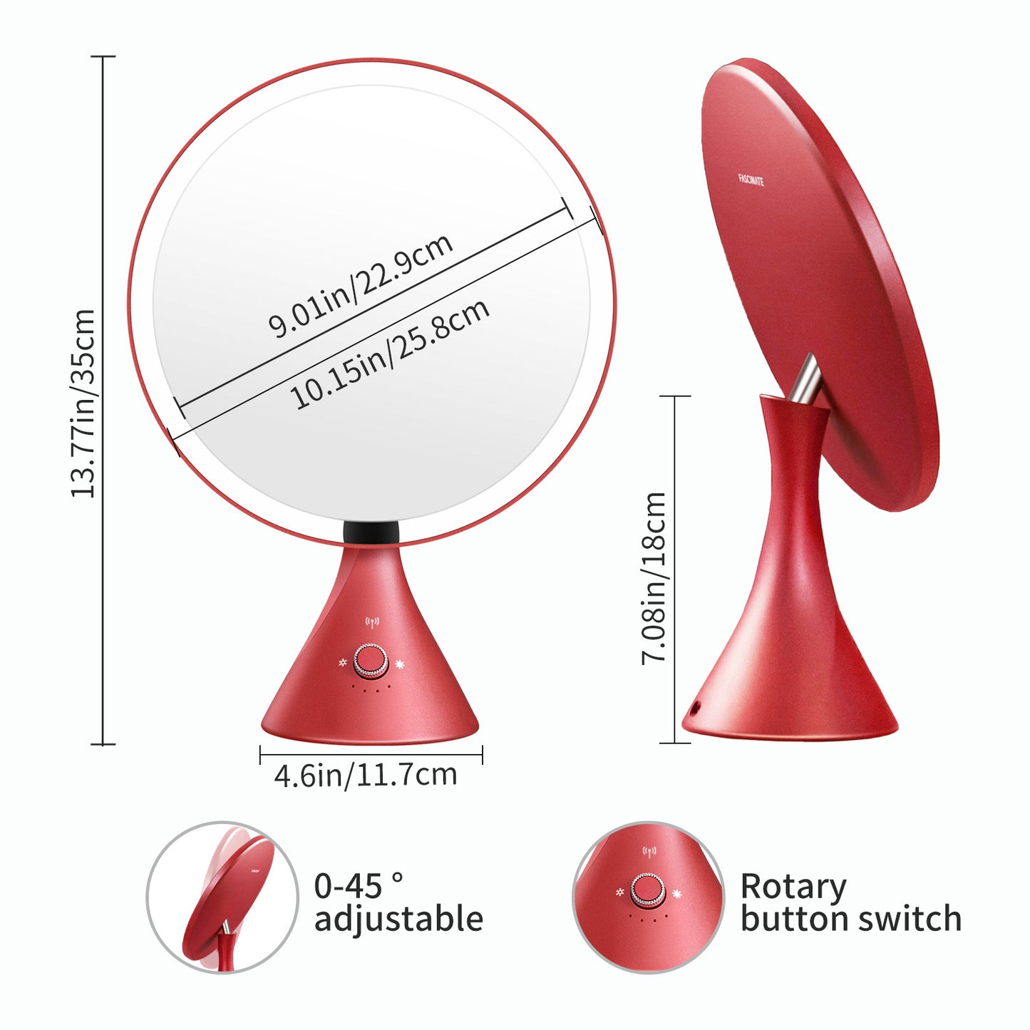 9" Round Sensor Freestanding Makeup Mirror with Lighted, x1 Magnification, Adjustable Knob, Memory Function, Red