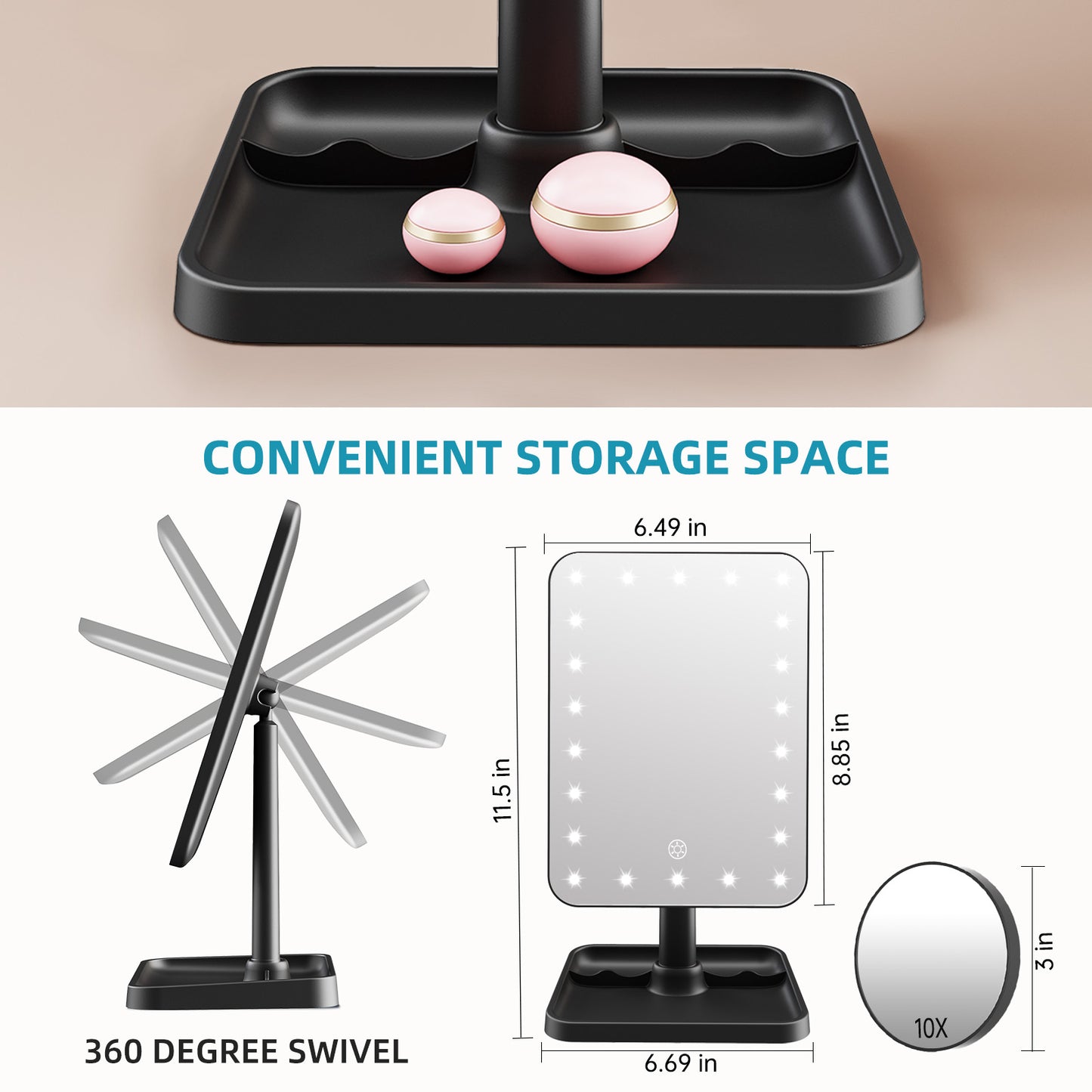 Funtouch 9" x 6.5" Makeup Mirror with 1X / 10X Magnification, Dimming Touch Sensor, Portable Travel, Black