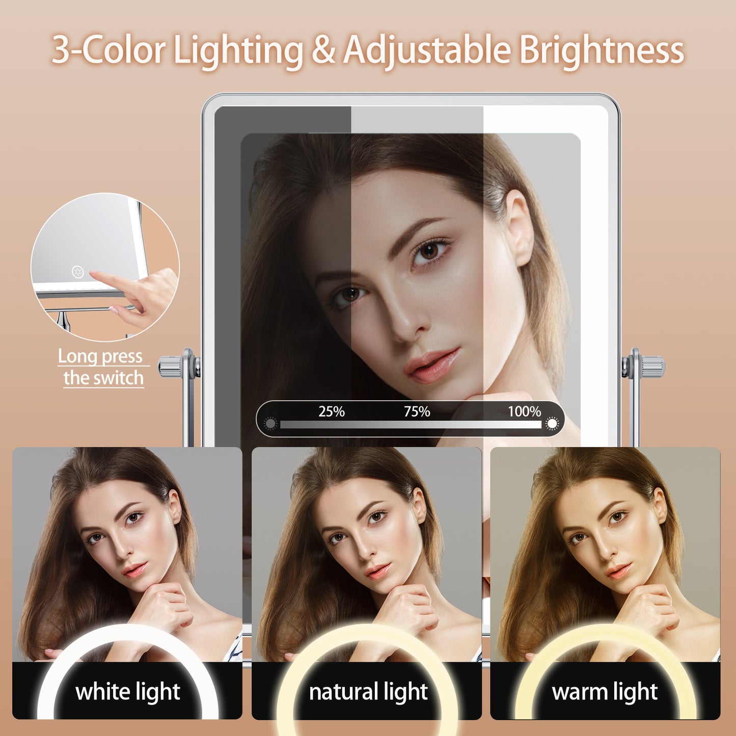 Funtouch Extendable Adjustable Rechargeable Magnifying Makeup Mirror, 360° Rotation, 3 Color Vanity Mirror with Lights, Chrome