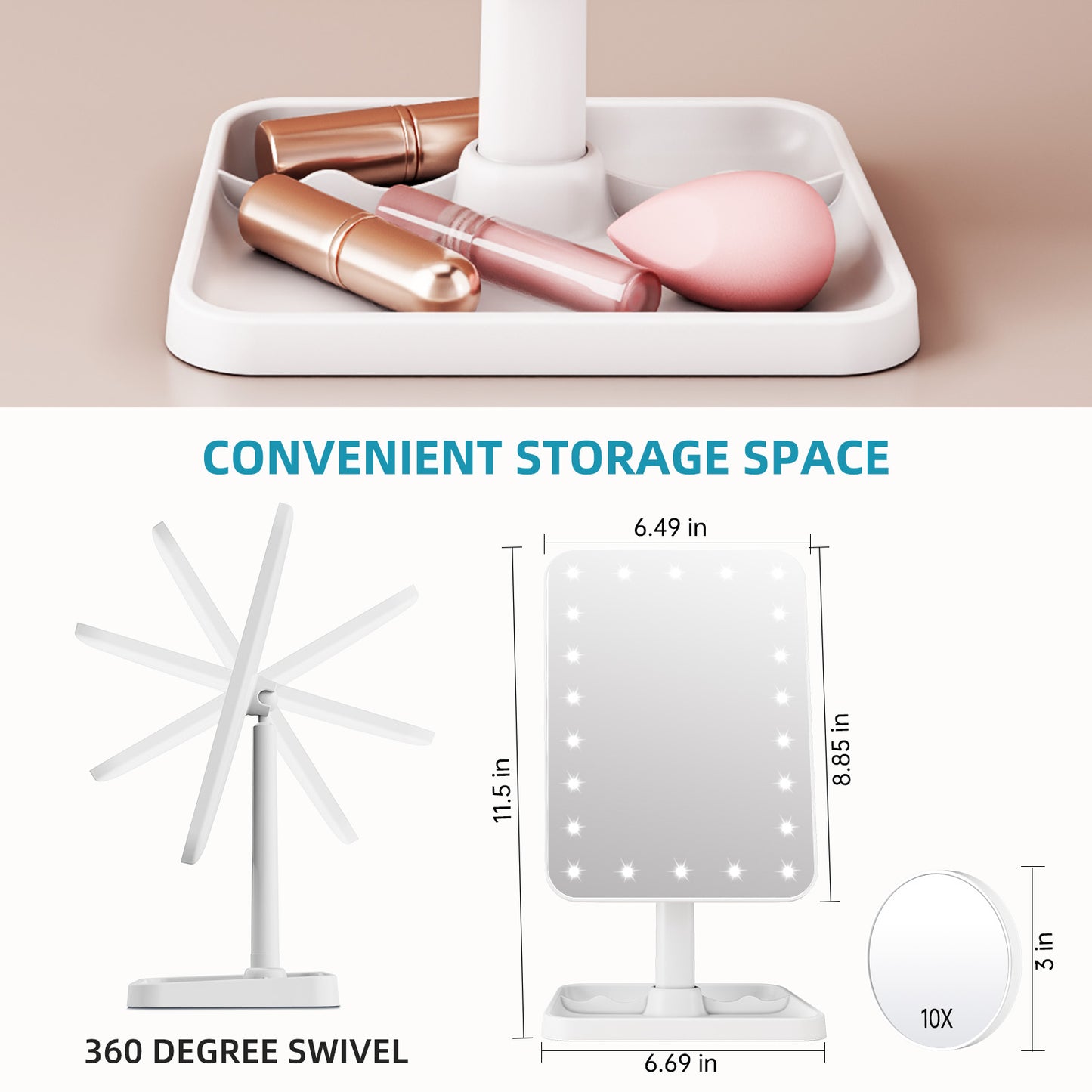 Funtouch Makeup Mirror, Vanity Mirror with Lights, Dimming Touch Sensor, Detachable 10X Magnification, White