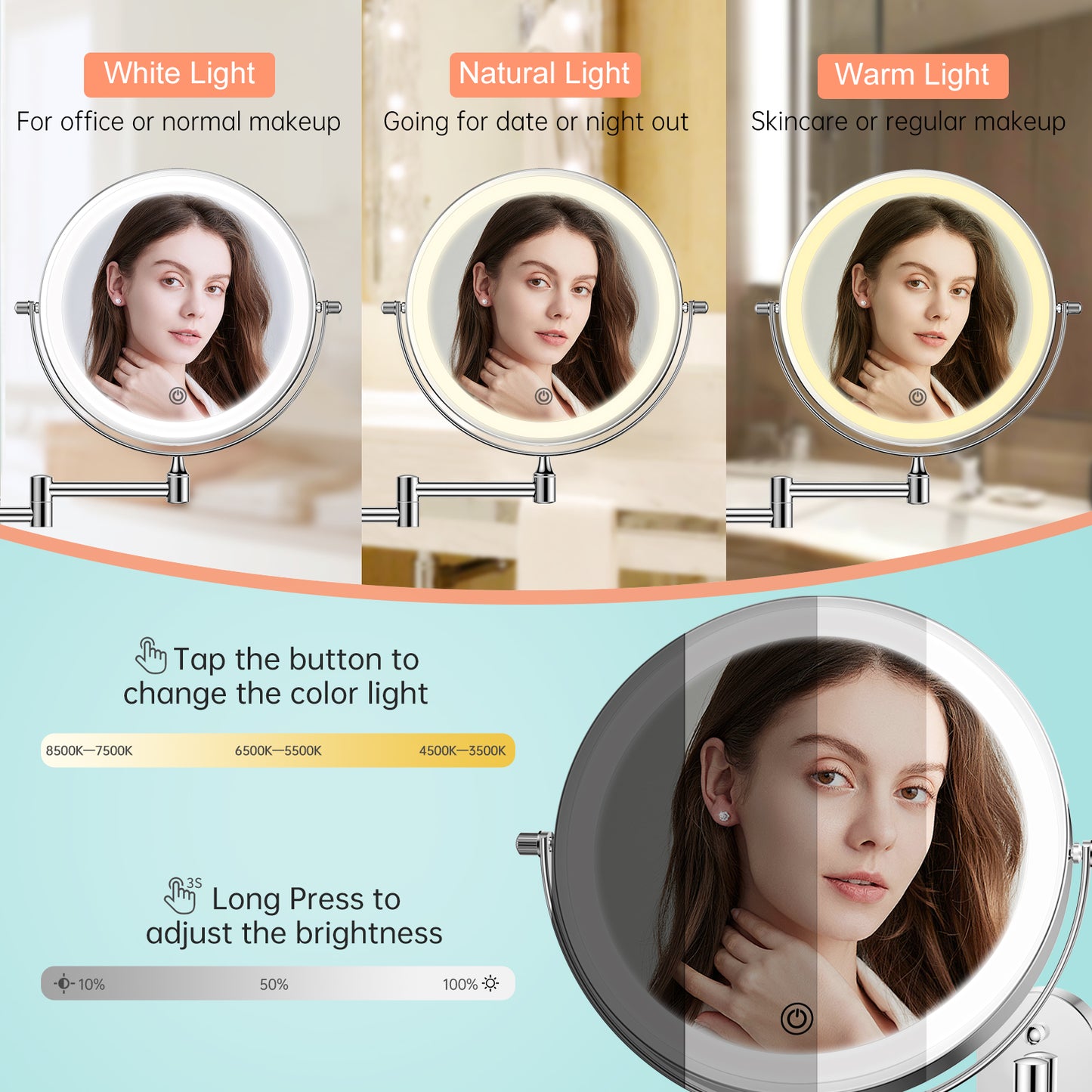 Funtouch 307 Round Stainless Steel Wall-Mounted Makeup Mirror w/ 1X/10X Magnification, Silver