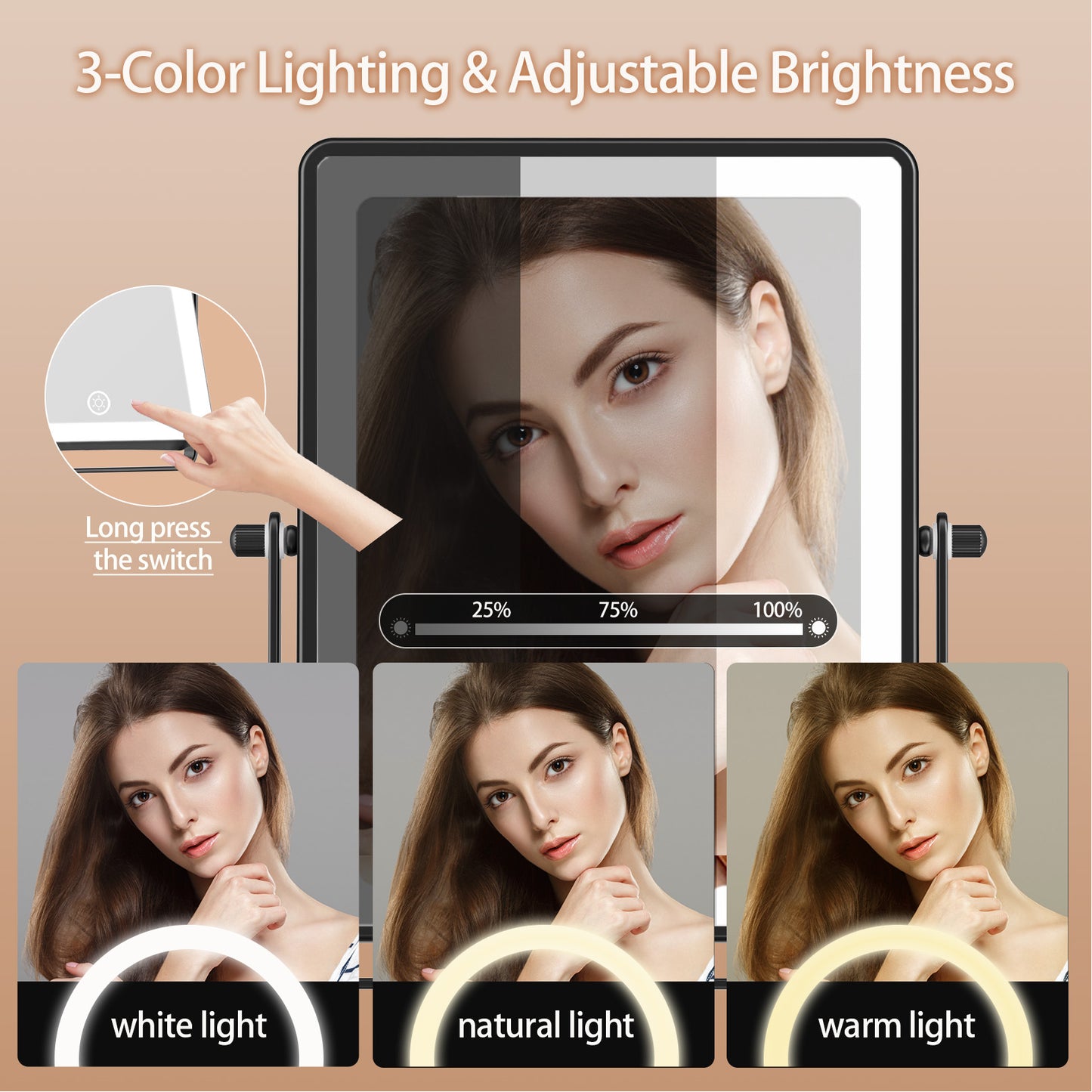 Funtouch 8.7Inch Wall lighted Mounted Makeup Mirror with Extended Arm, 360° Swivel Foldable, 3 Color Settings, Double Sided 1X 10X Magnifying, Black