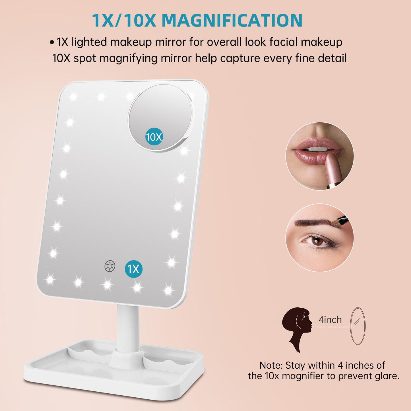 Funtouch Makeup Mirror, Vanity Mirror with Lights, Dimming Touch Sensor, Detachable 10X Magnification, White