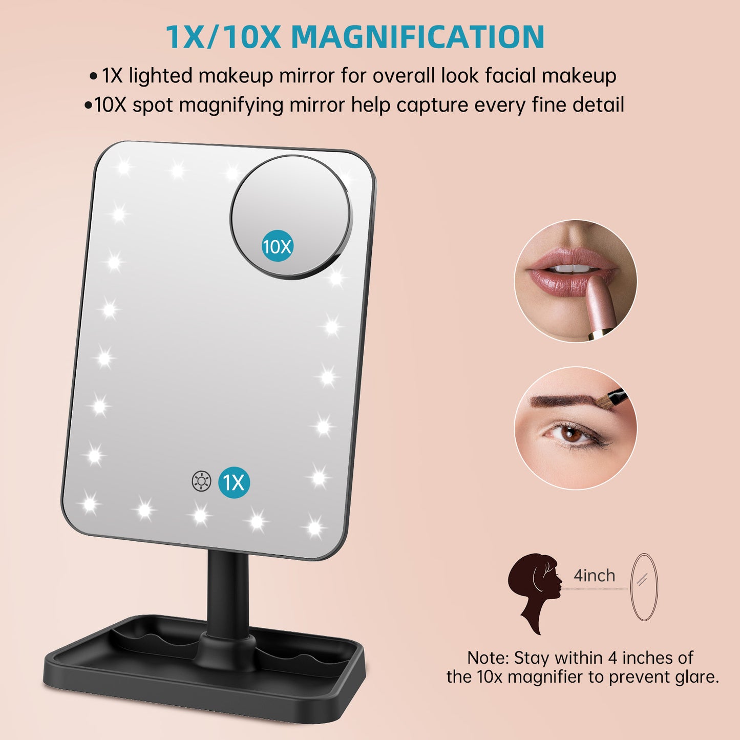 Funtouch 9" x 6.5" Makeup Mirror with 1X / 10X Magnification, Dimming Touch Sensor, Portable Travel, Black
