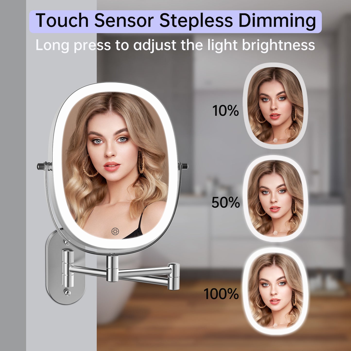 Rechargeable Lighted Wall Mounted Makeup Mirror, 1X/7X Double Sided Magnifying Mirror, 3 Dimmable Lights Option, Folding Extension Arm, Oval Wall Mounted Mirror for Bathroom