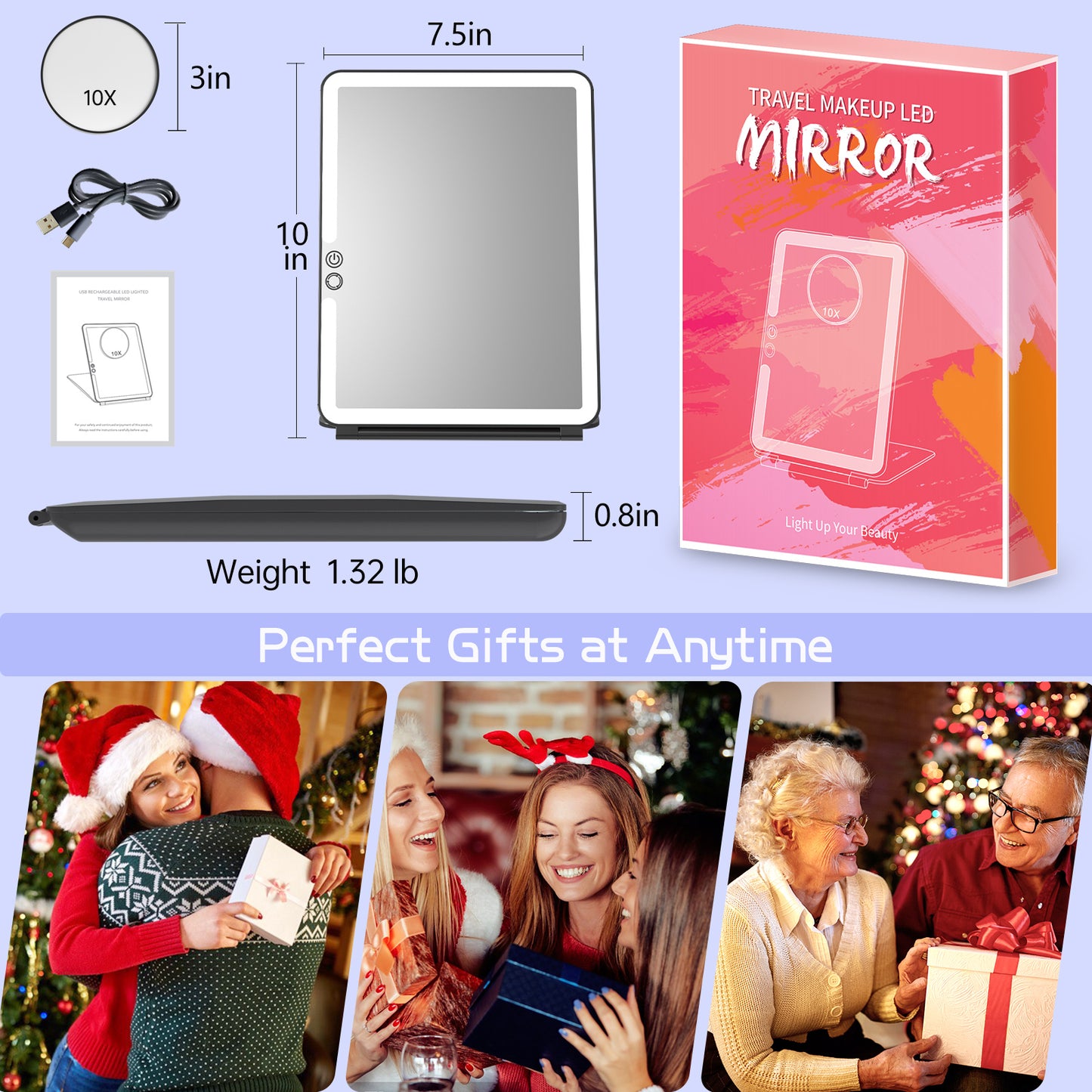 FUNTOUCH 10x7.5 Portable Large Travel Makeup Mirror with Light ,3 Color Lights, with 10X Magnification, Black.