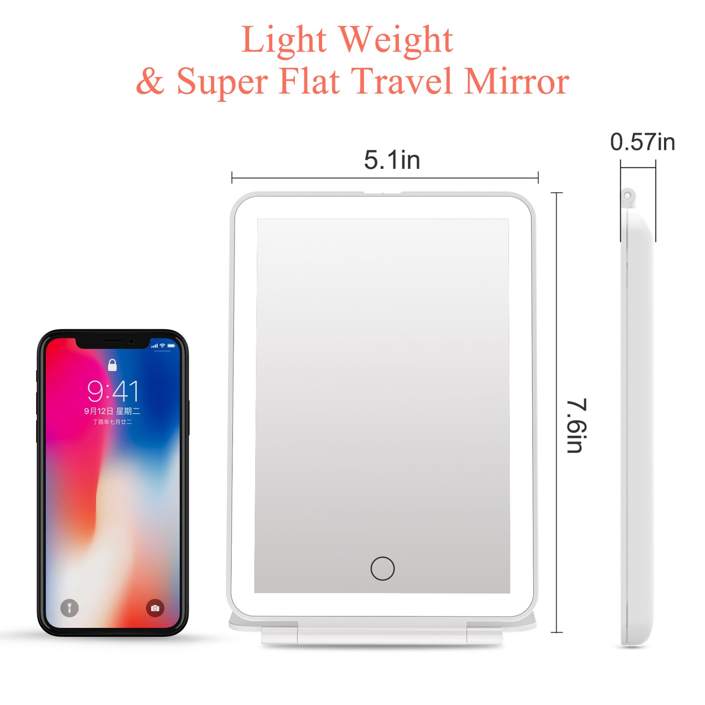 FUNTOUCH Portable LED Lighted Makeup Mirror, Dimmable Touch Control, Foldable Travel Vanity Mirror