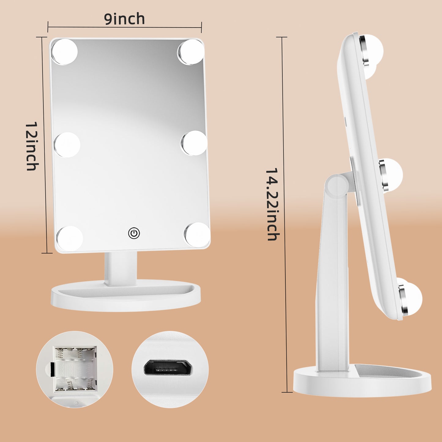 Funtouch 10" x 12" Freestanding Makeup Mirror with Lighted LED Bulbs, x1 Magnification, White