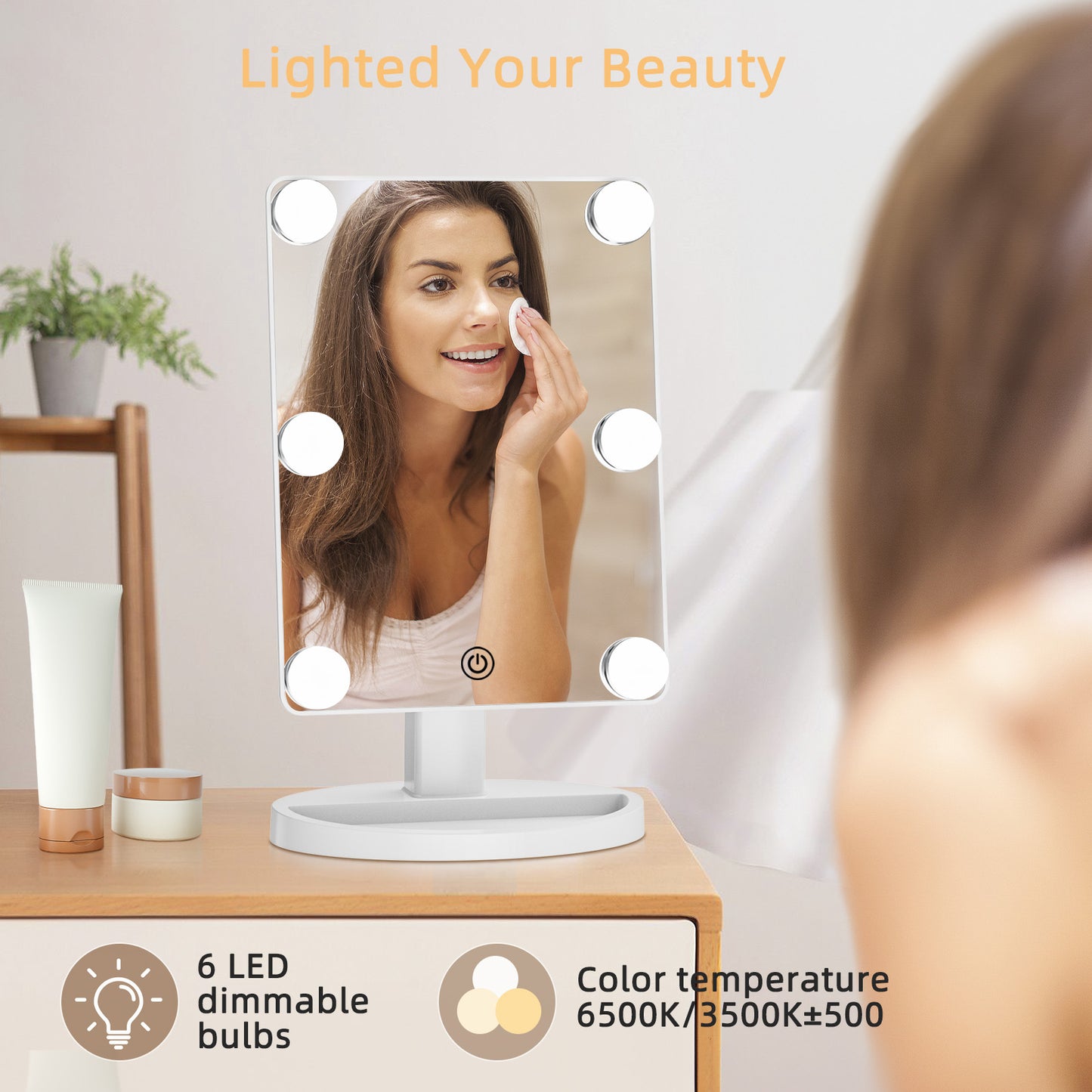Funtouch 10" x 12" Freestanding Makeup Mirror with Lighted LED Bulbs, x1 Magnification, White