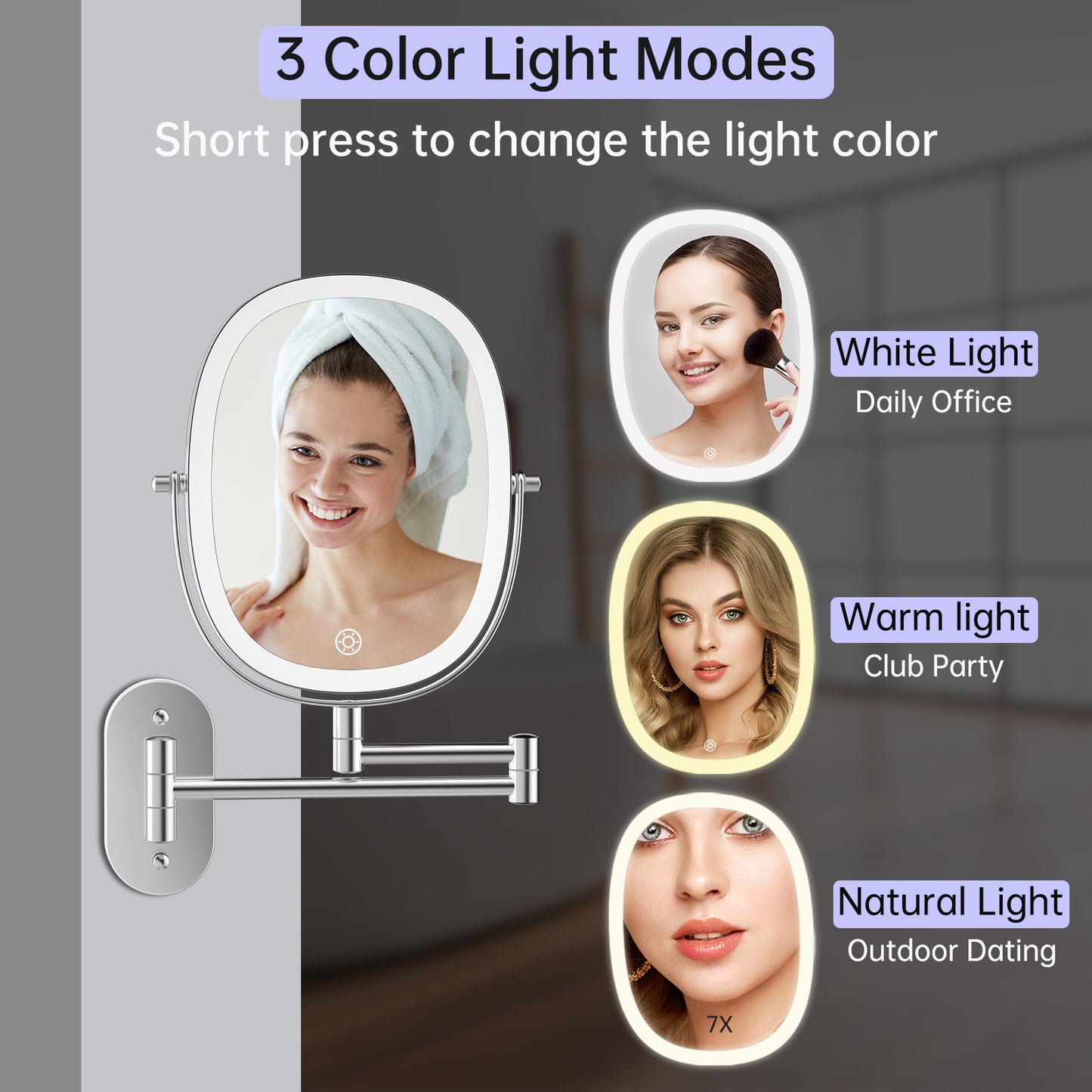 Rechargeable Lighted Wall Mounted Makeup Mirror, 1X/7X Double Sided Magnifying Mirror, 3 Dimmable Lights Option, Folding Extension Arm, Oval Wall Mounted Mirror for Bathroom