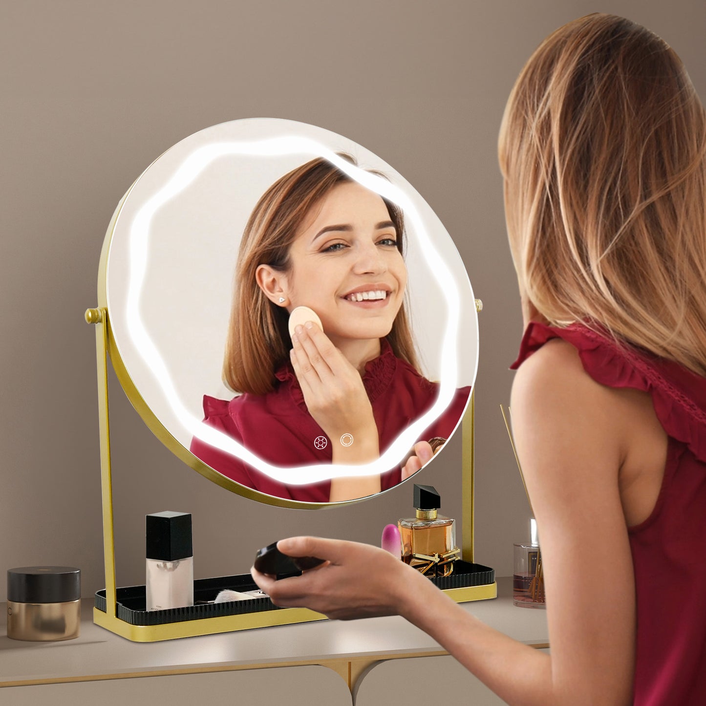 Funtouch 16" Diameter Round Makeup Mirror with Lighted Table Mount, Tabletop Makeup Mirror with Storage,Gold