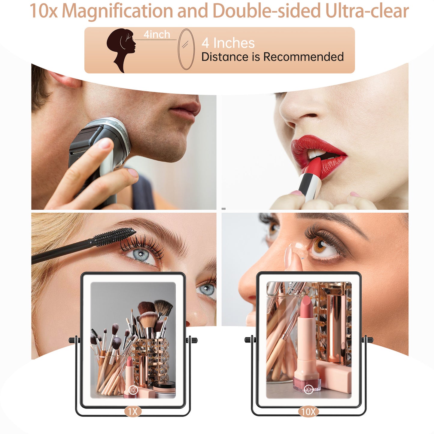Funtouch 8.7Inch Wall lighted Mounted Makeup Mirror with Extended Arm, 360° Swivel Foldable, 3 Color Settings, Double Sided 1X 10X Magnifying, Black