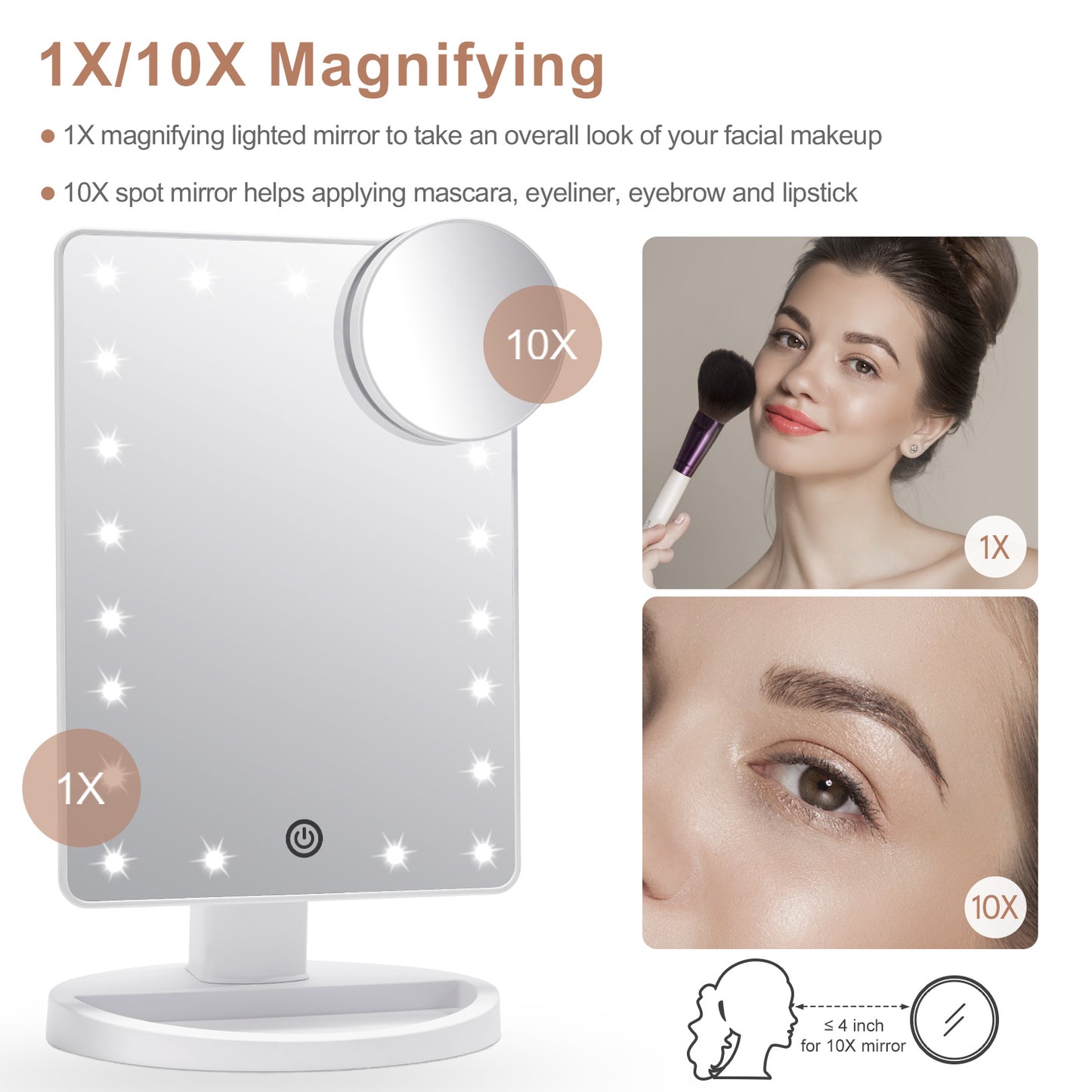FUNTOUCH Lighted Makeup Mirror with 10X Magnification, Adjustable Beauty Vanity Mirror